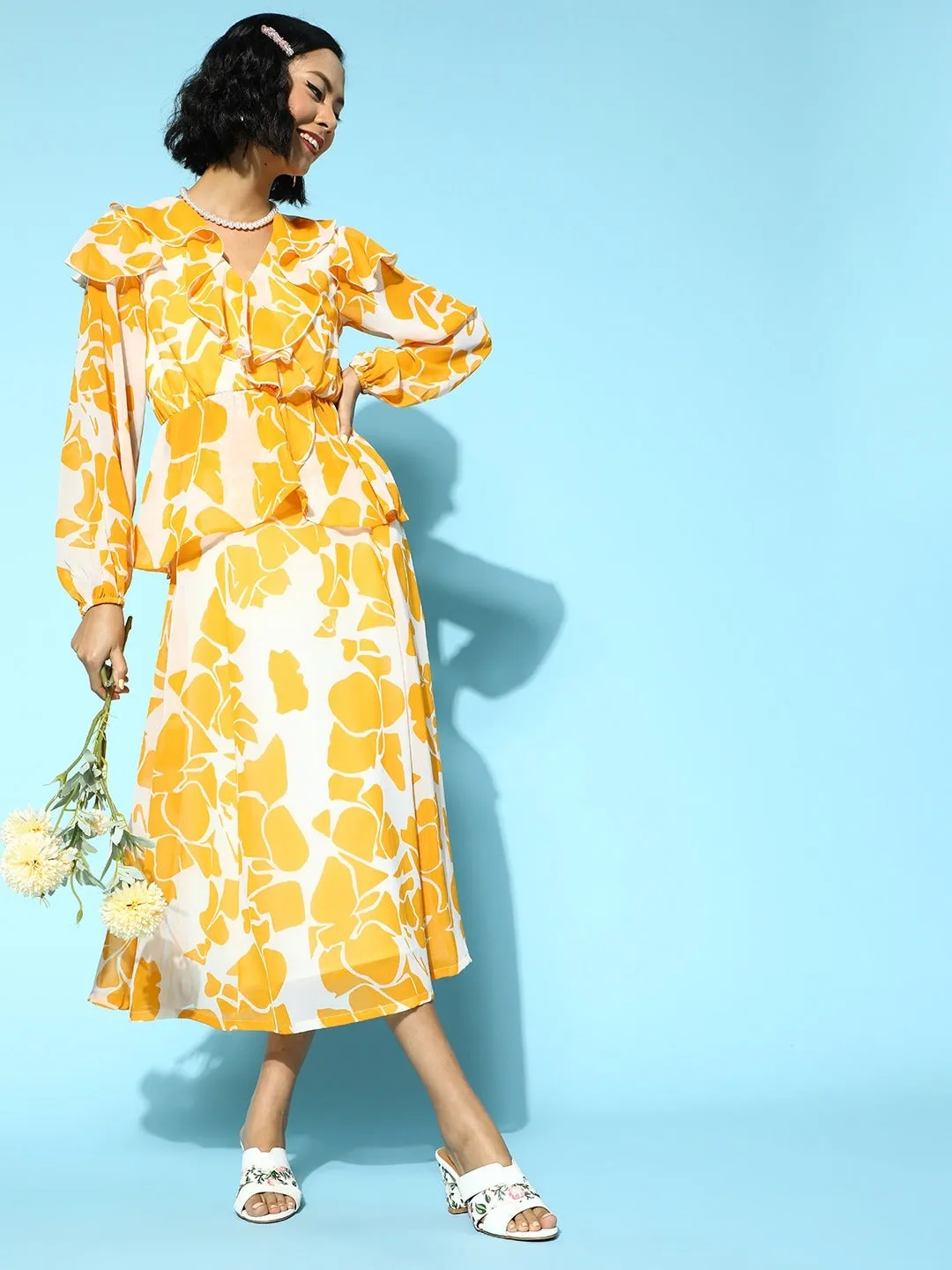 Women Mustard Floral Frilly Wrap Top