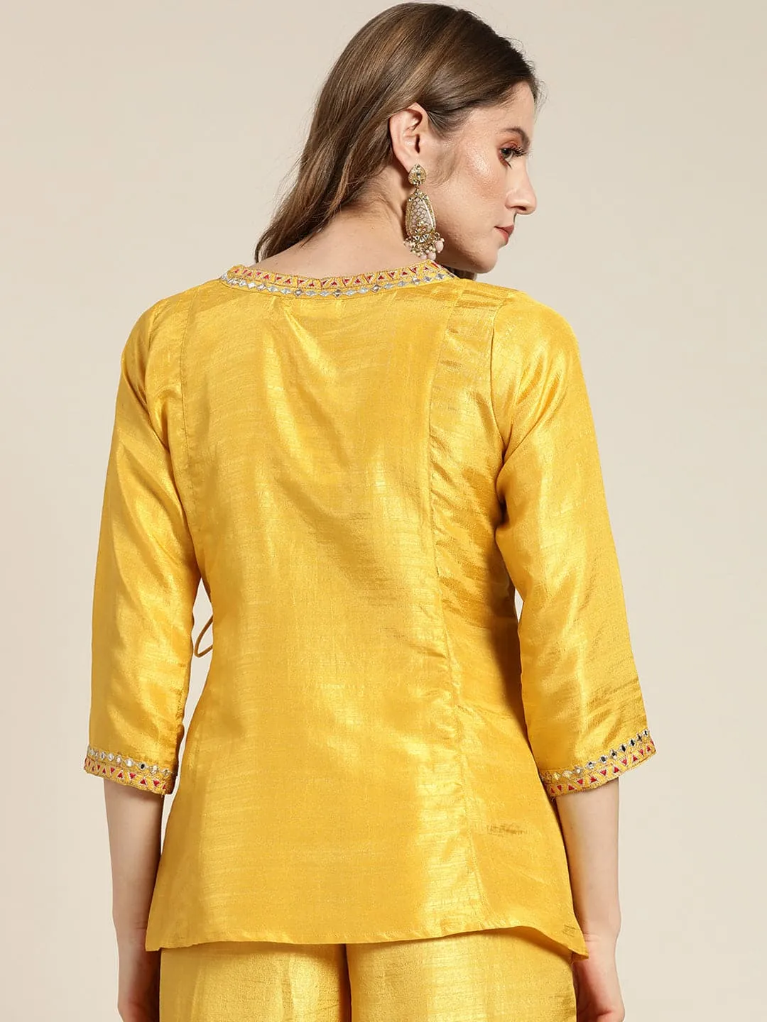 Women Mustard Mirror Embroidered Angrakha Top