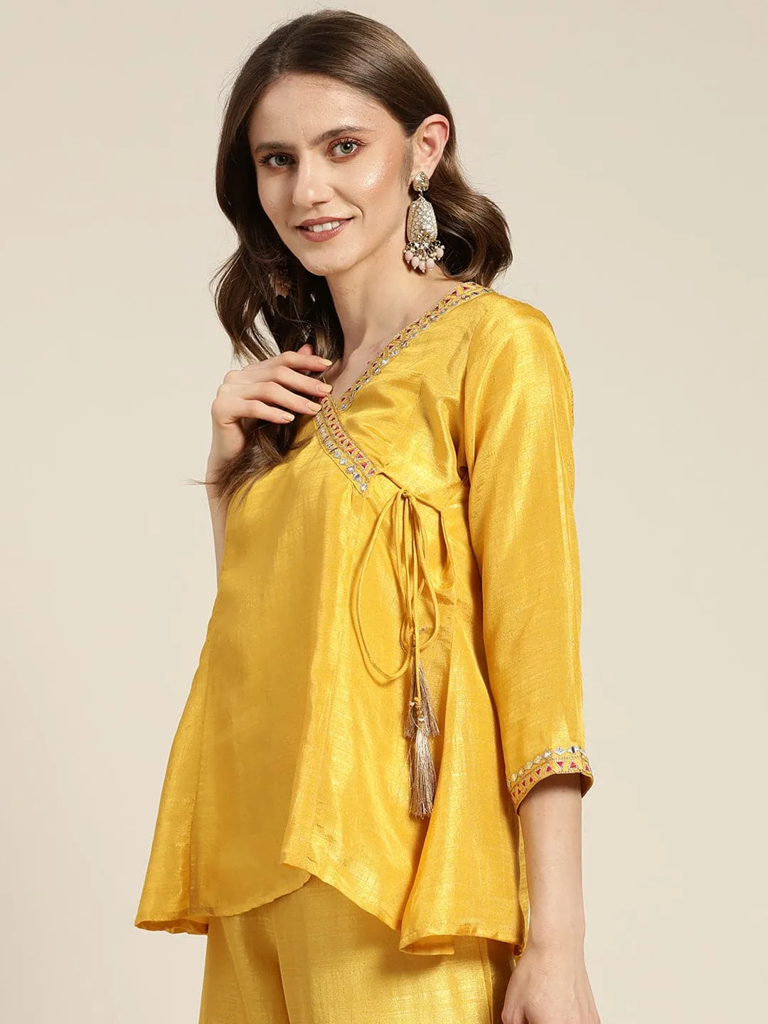 Women Mustard Mirror Embroidered Angrakha Top