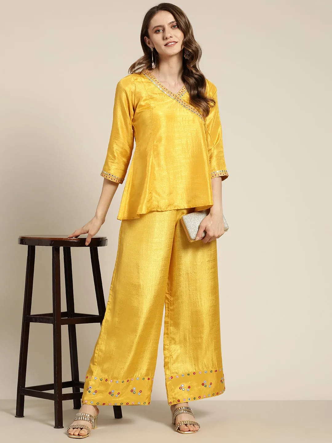 Women Mustard Mirror Embroidered Angrakha Top