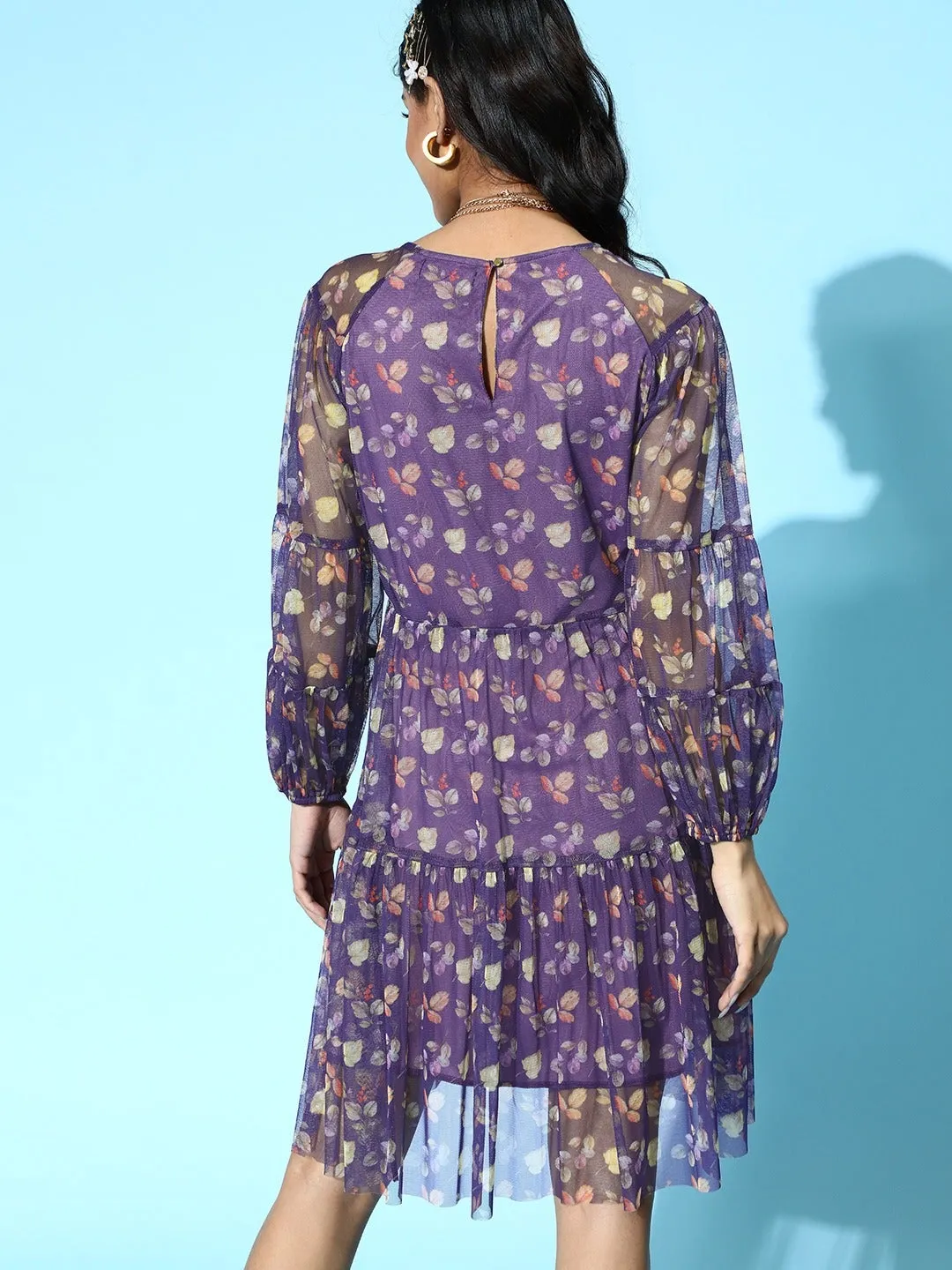 Women Navy Floral Mesh Tiered Short Dress