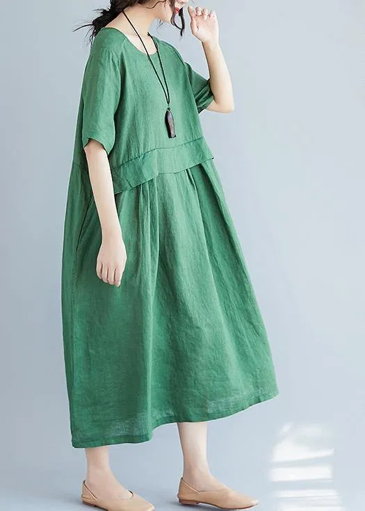 Women o neck pockets cotton linen quilting dresses Photography green Dress summer