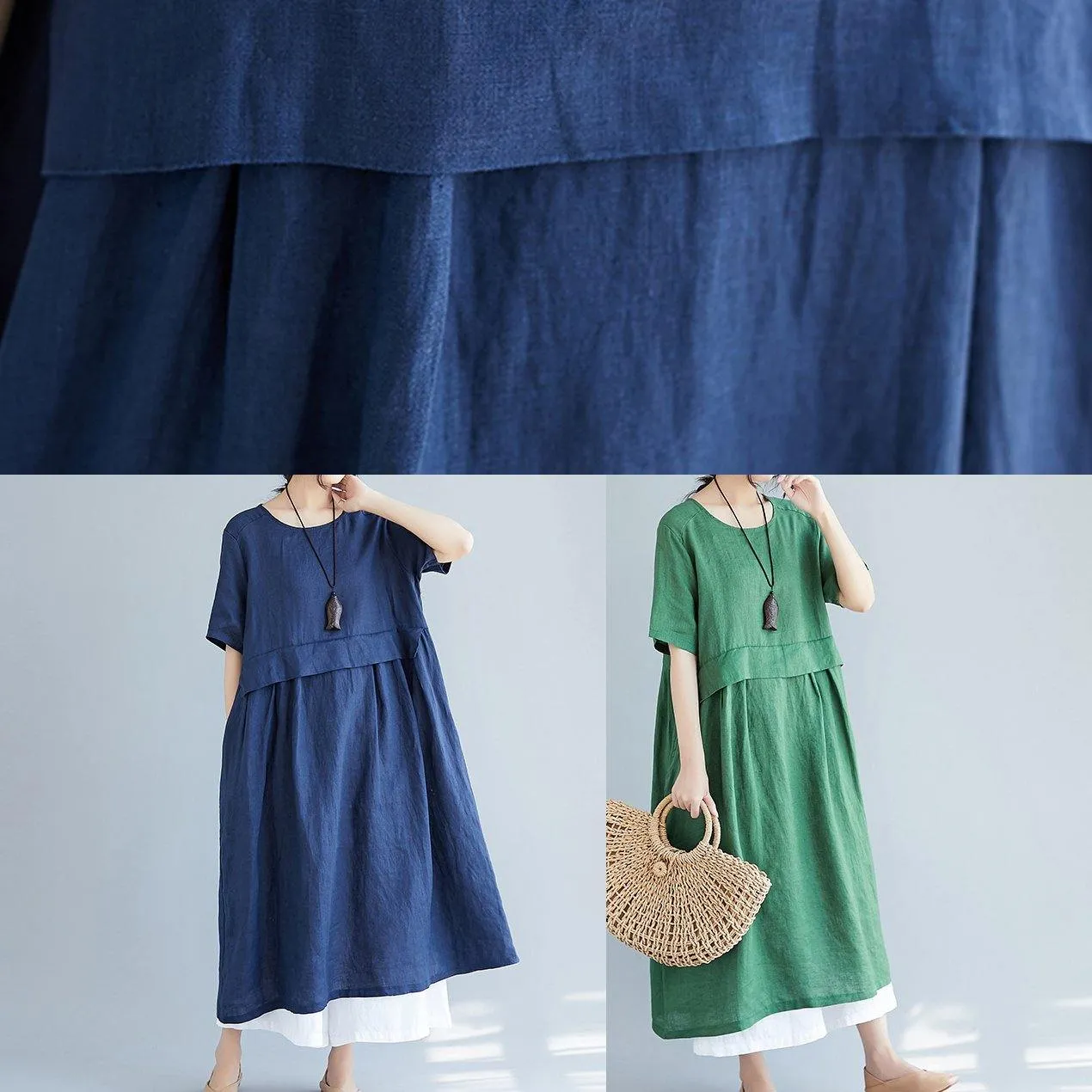 Women o neck pockets cotton linen quilting dresses Photography green Dress summer