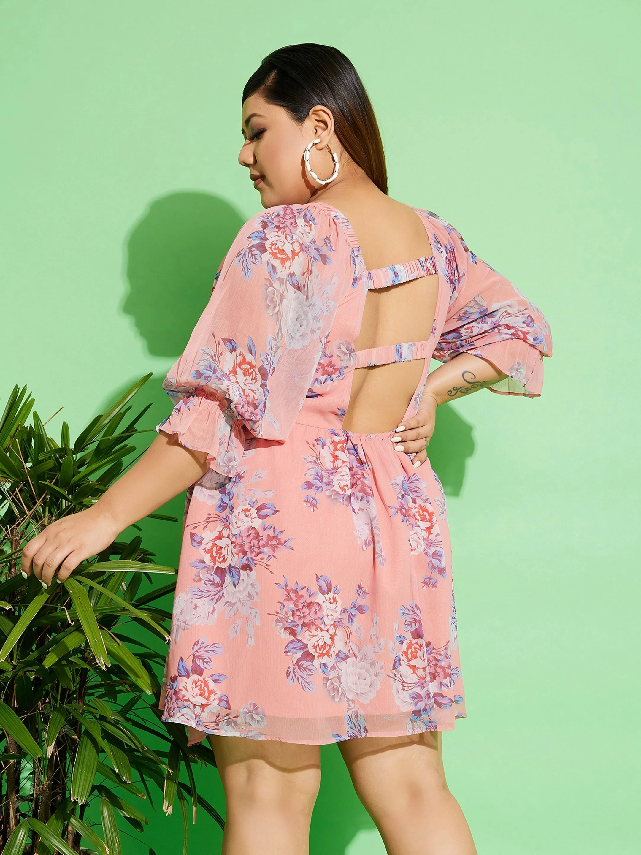 Women Peach Floral Chiffon Back Detail Skater Dress