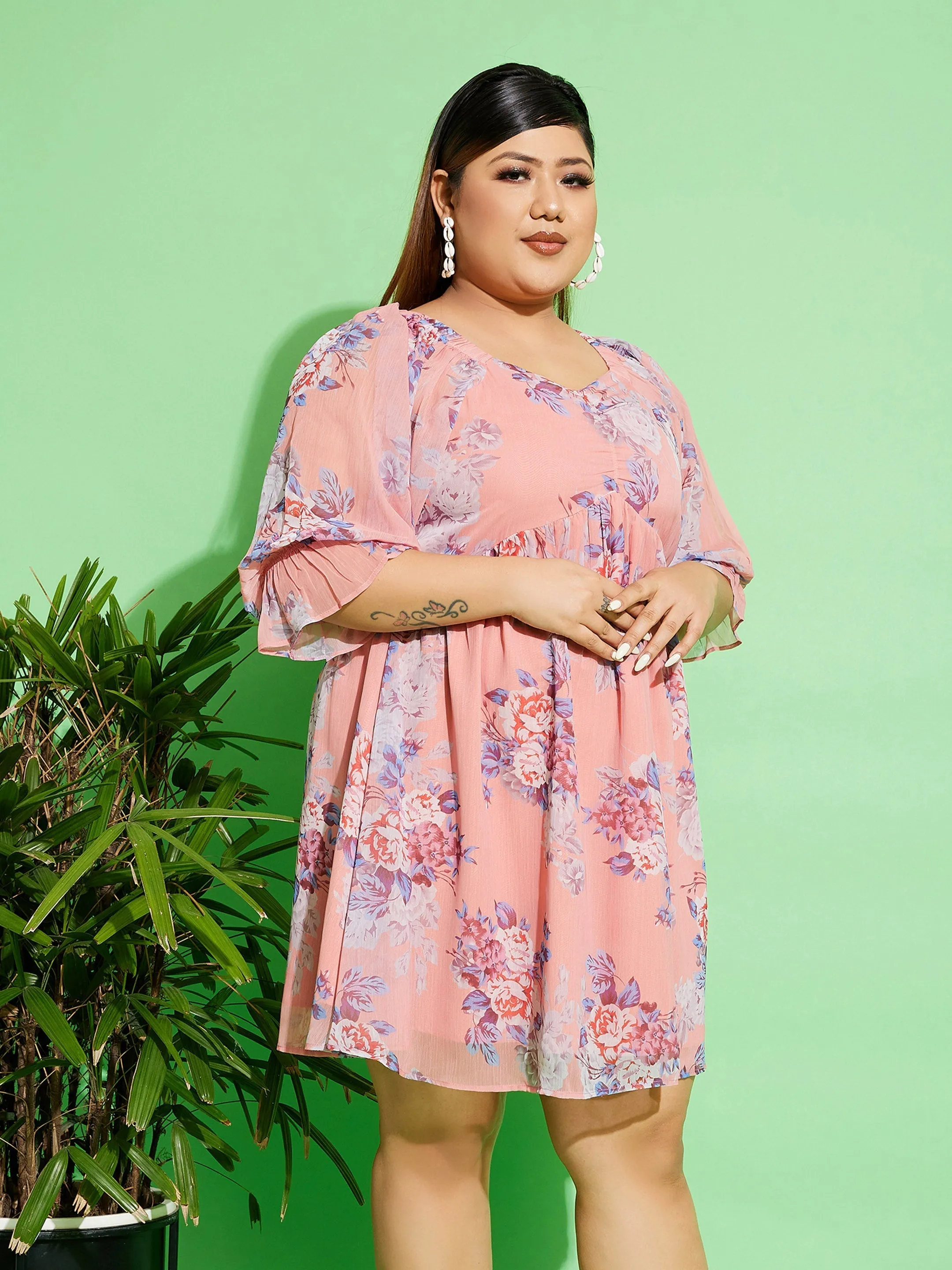 Women Peach Floral Chiffon Back Detail Skater Dress