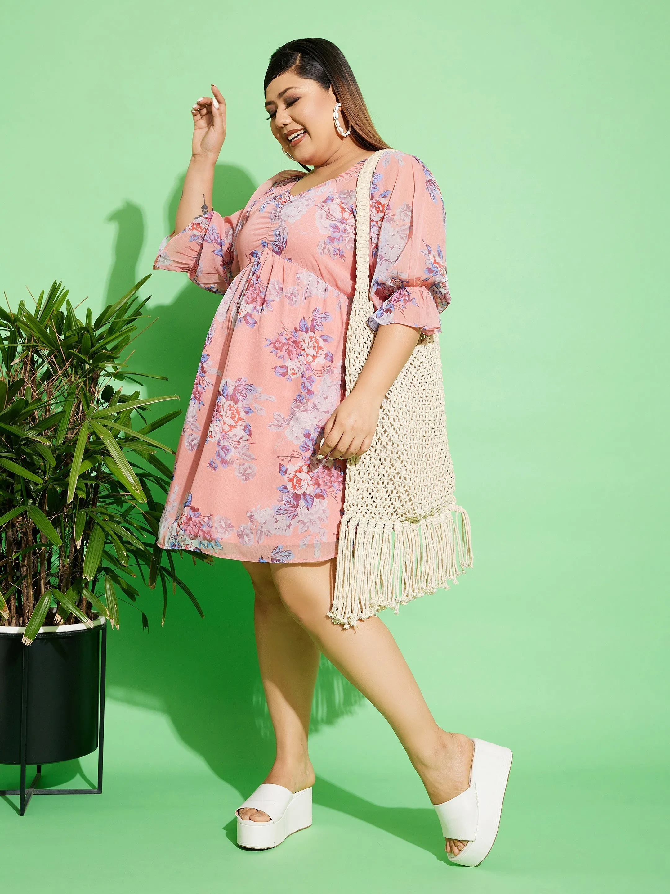 Women Peach Floral Chiffon Back Detail Skater Dress