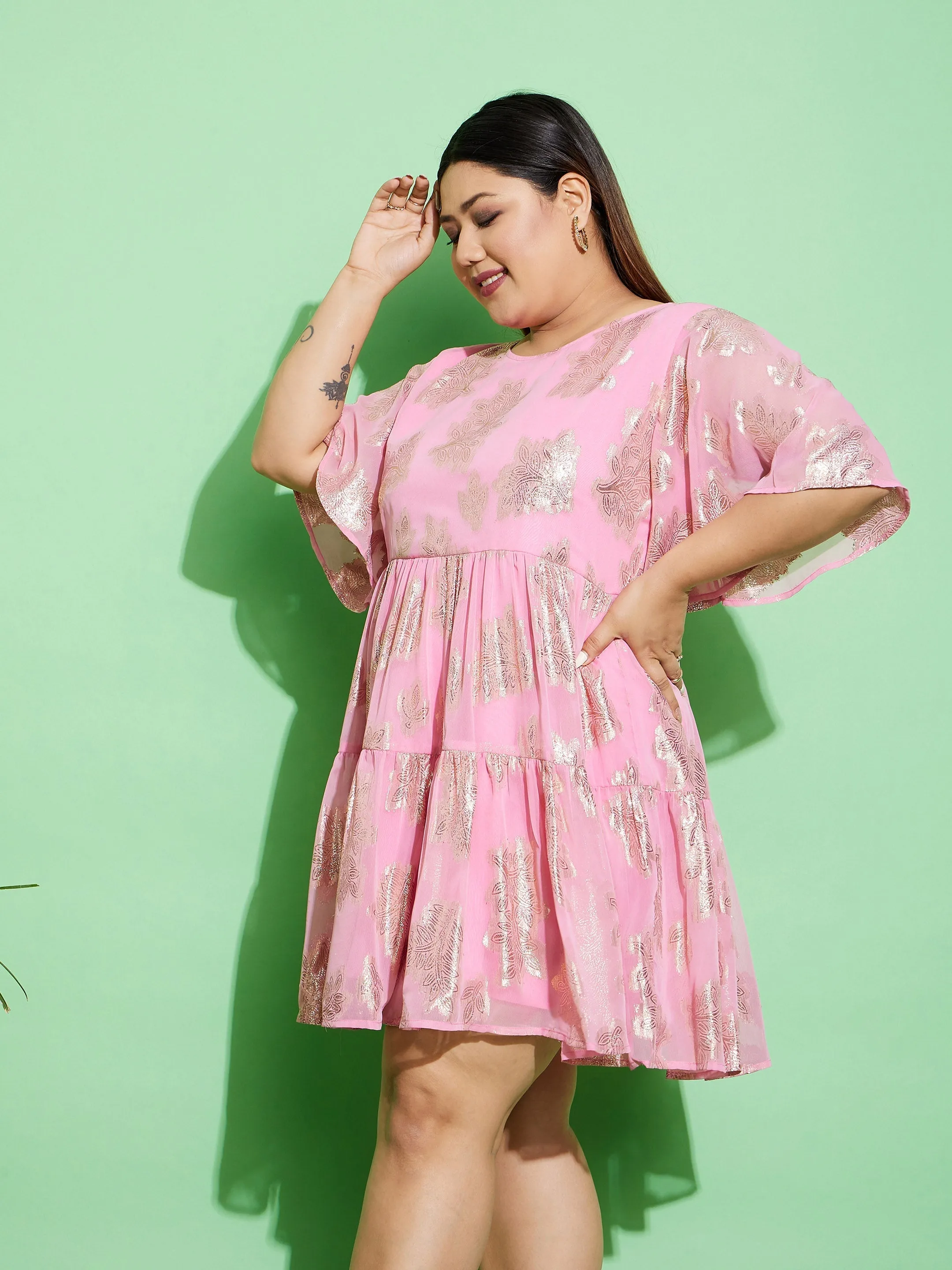Women Pink Jacquard Tiered Dress