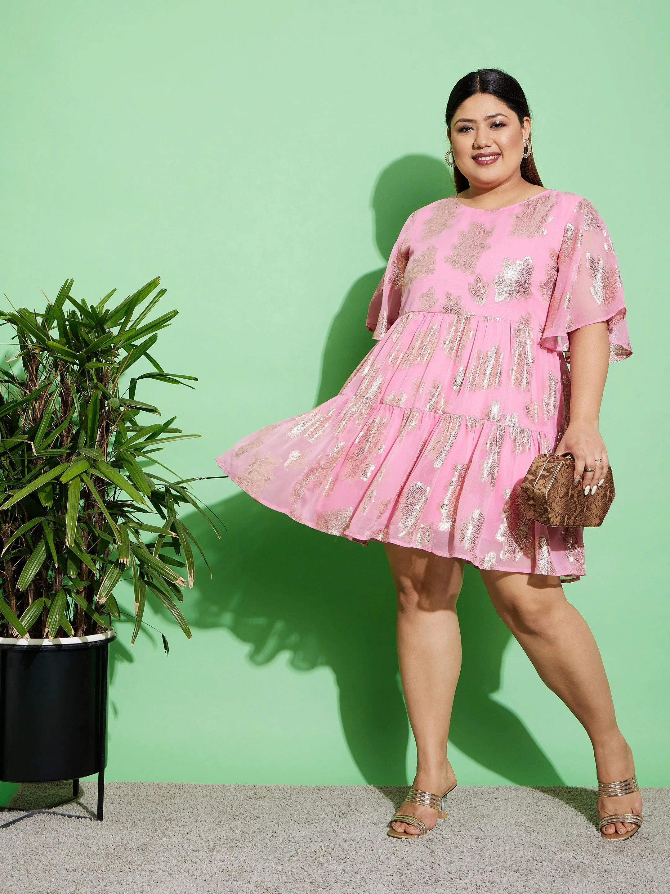 Women Pink Jacquard Tiered Dress