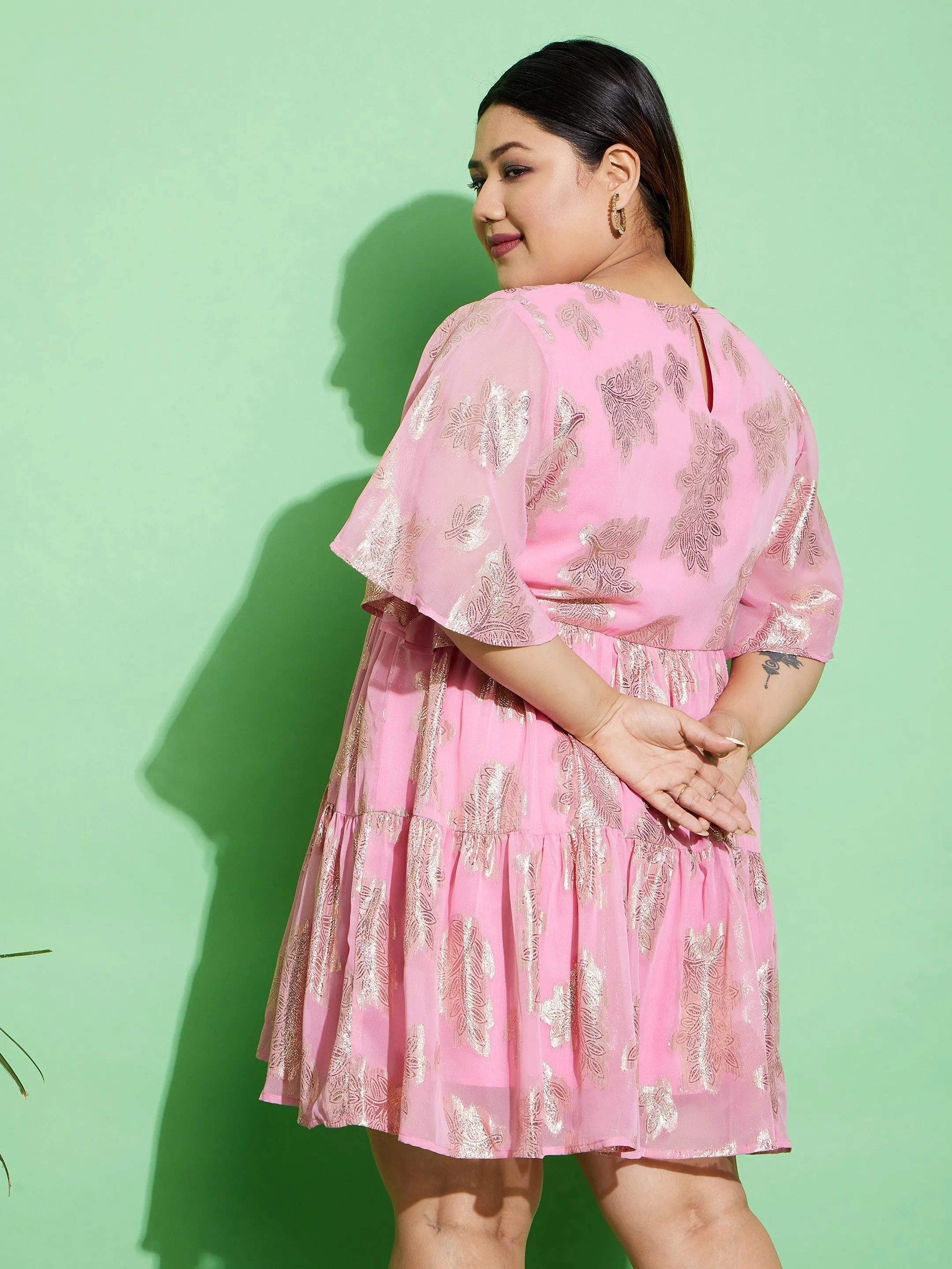 Women Pink Jacquard Tiered Dress