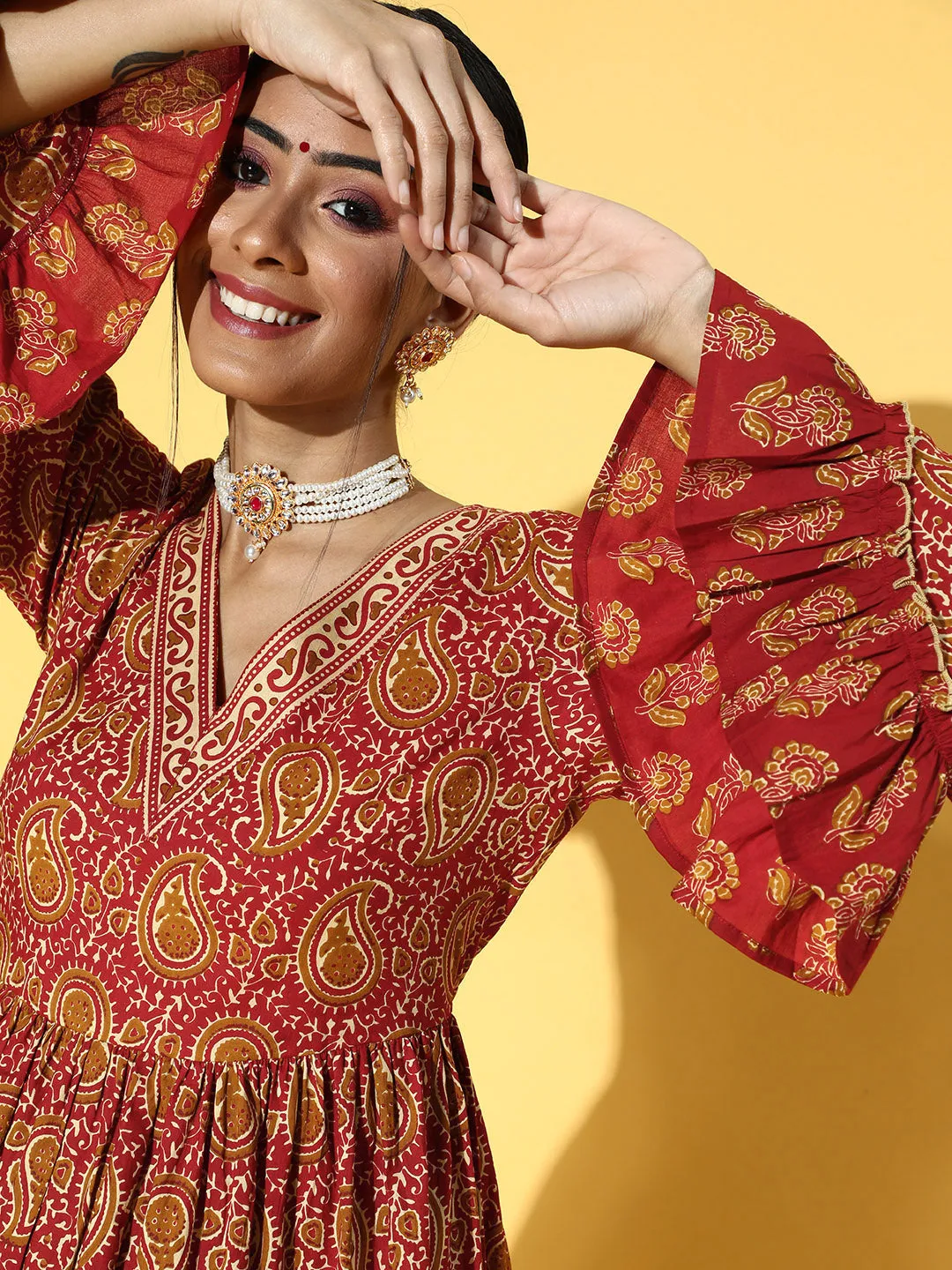 Women Red Cotton Kurta Set
