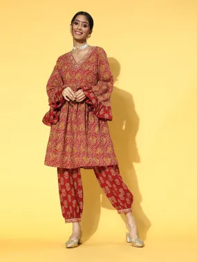 Women Red Cotton Kurta Set