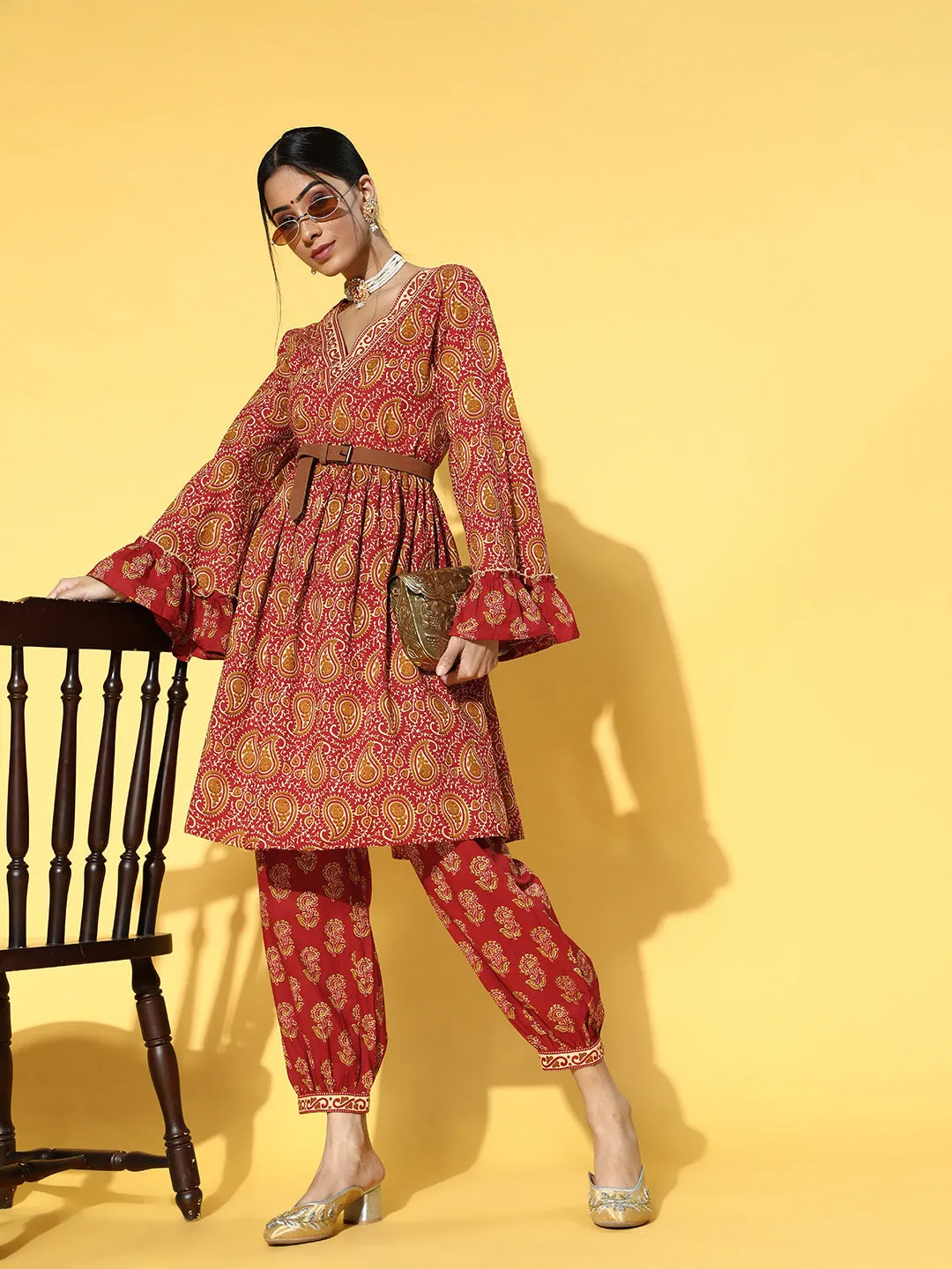 Women Red Cotton Kurta Set