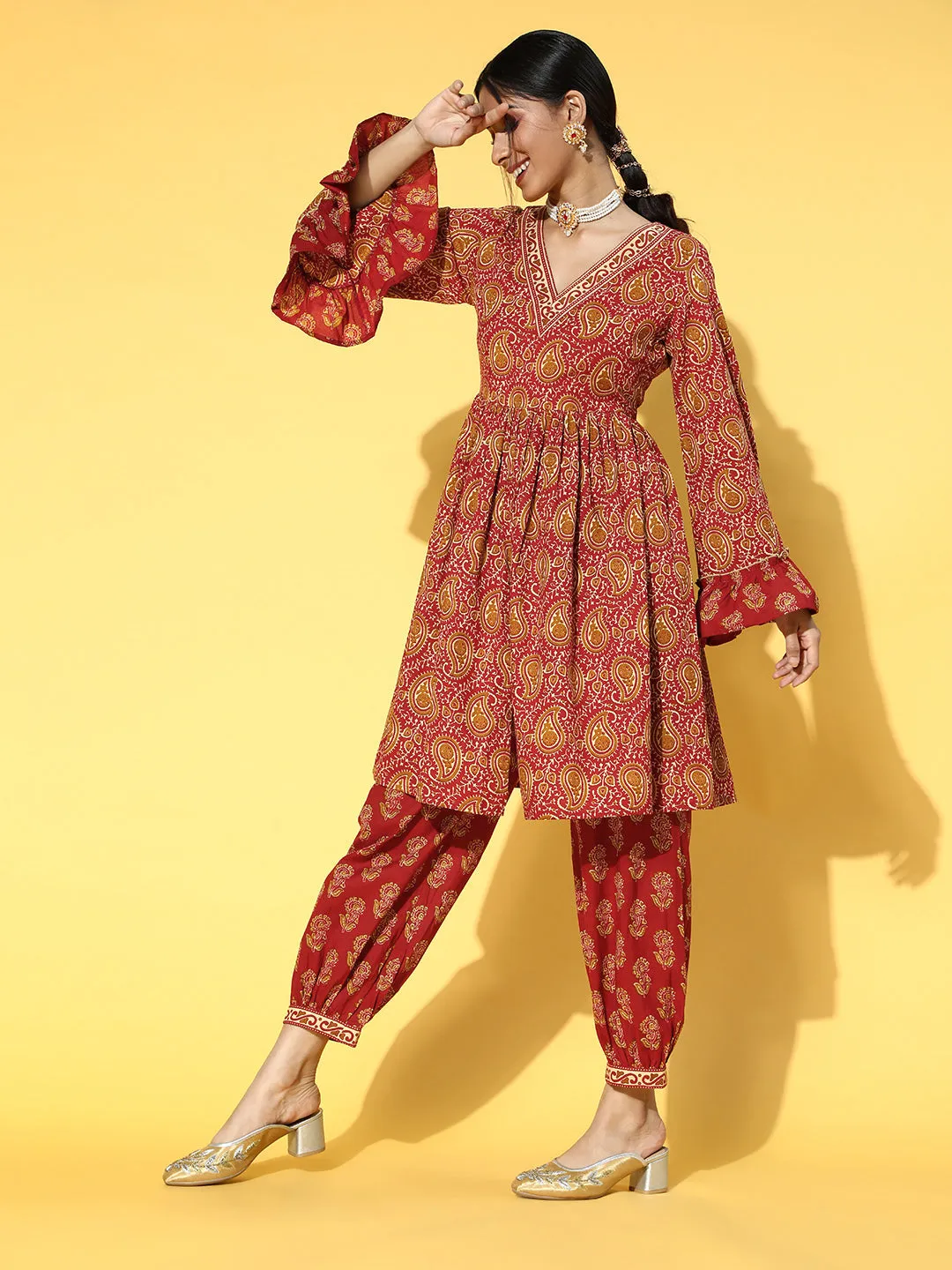 Women Red Cotton Kurta Set