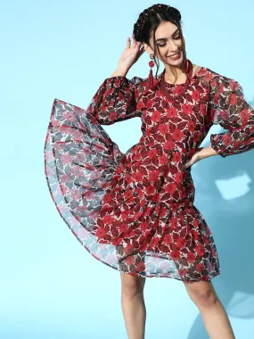 Women Red Floral Organza Tiered Short Dress