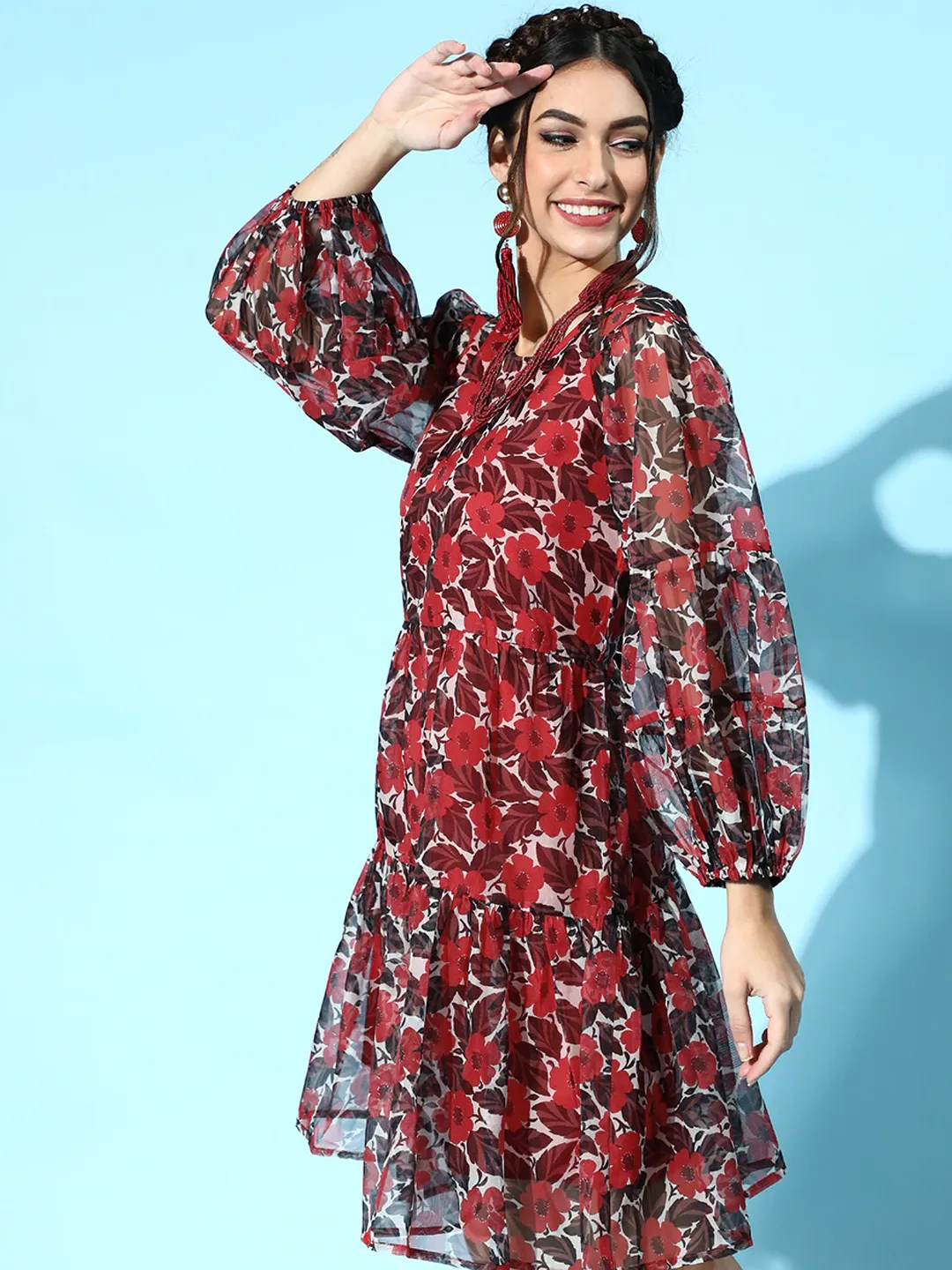 Women Red Floral Organza Tiered Short Dress