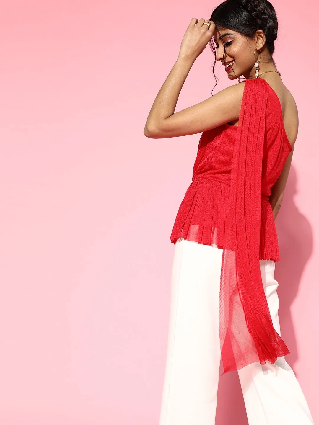 Women Red Mesh One Shoulder Peplum Top