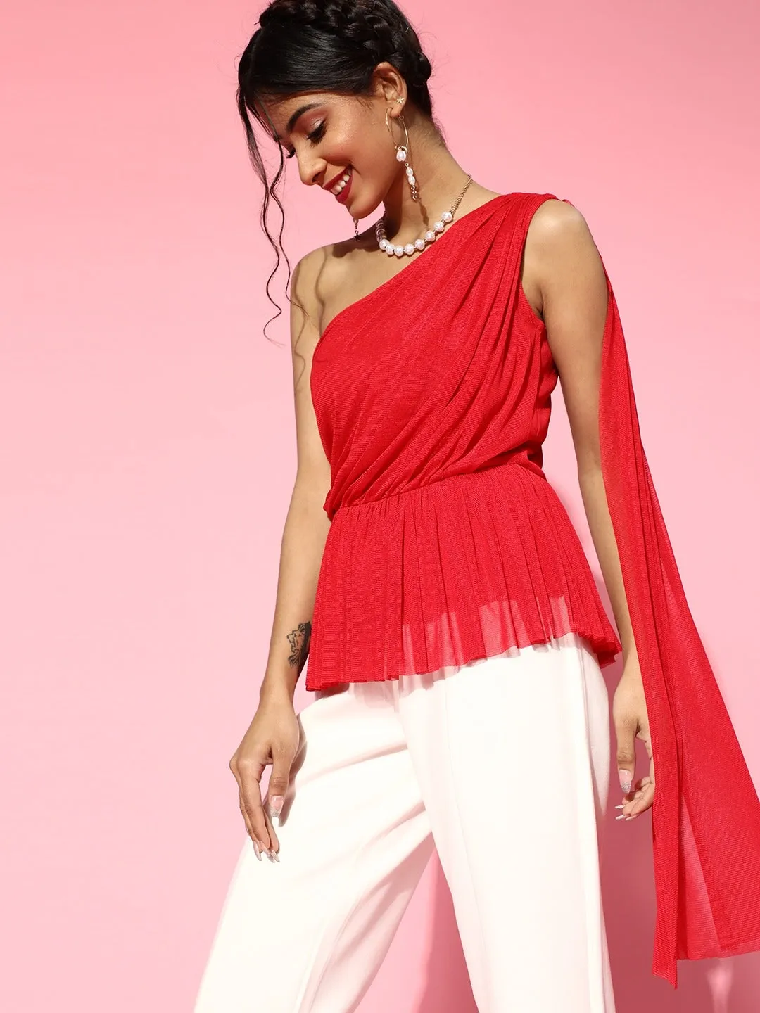 Women Red Mesh One Shoulder Peplum Top