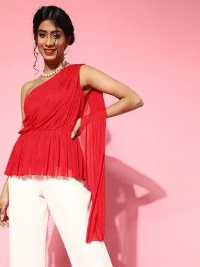 Women Red Mesh One Shoulder Peplum Top