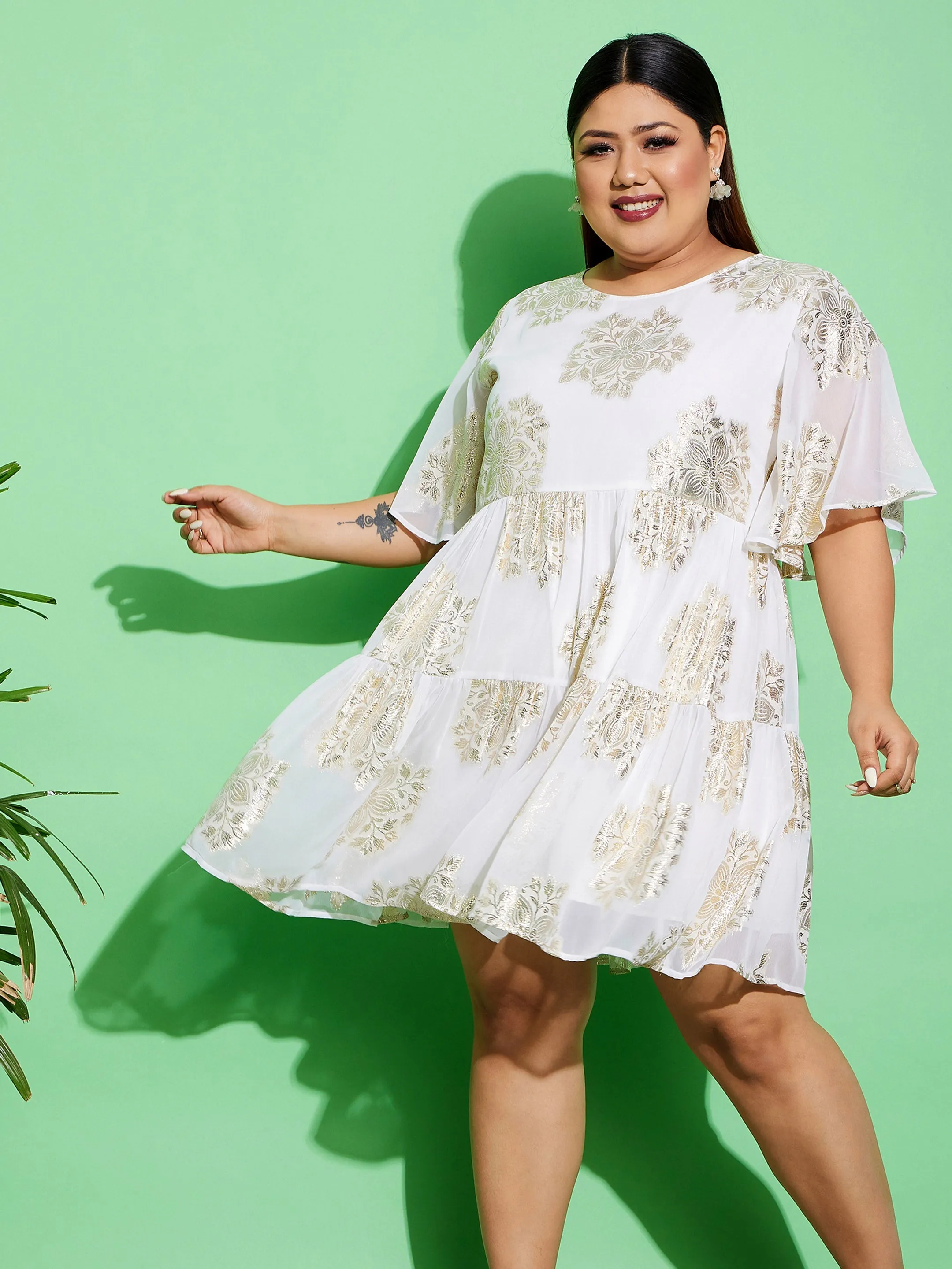 Women White Jacquard Tiered Dress