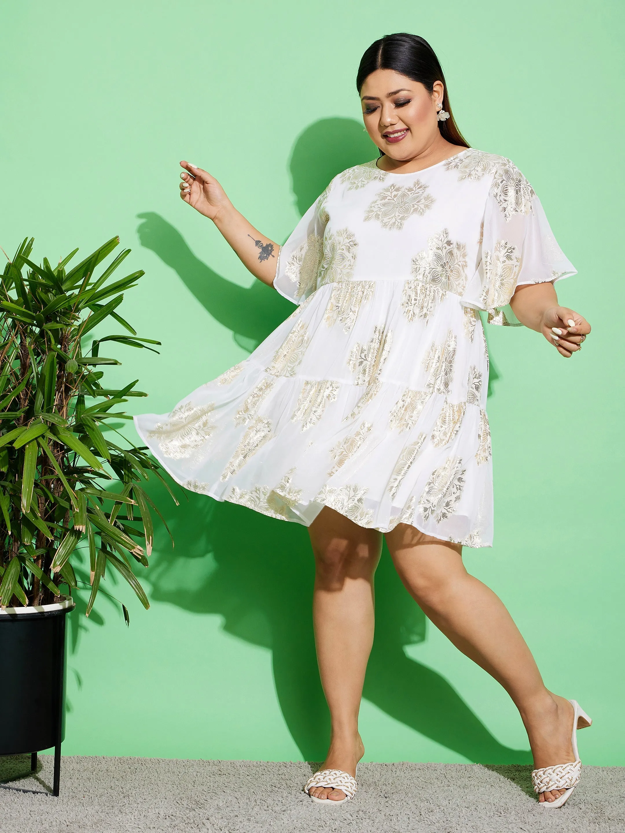 Women White Jacquard Tiered Dress