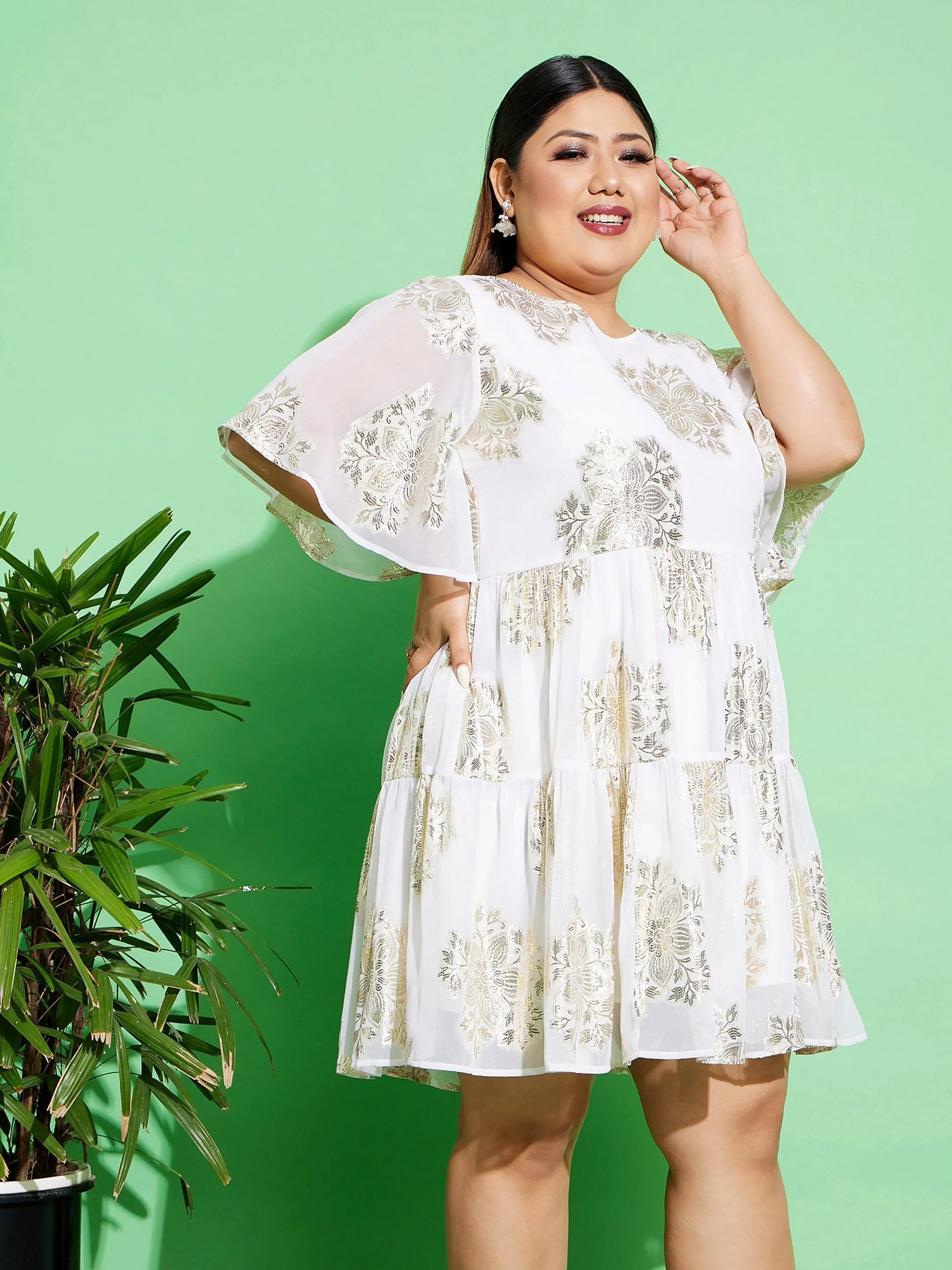 Women White Jacquard Tiered Dress