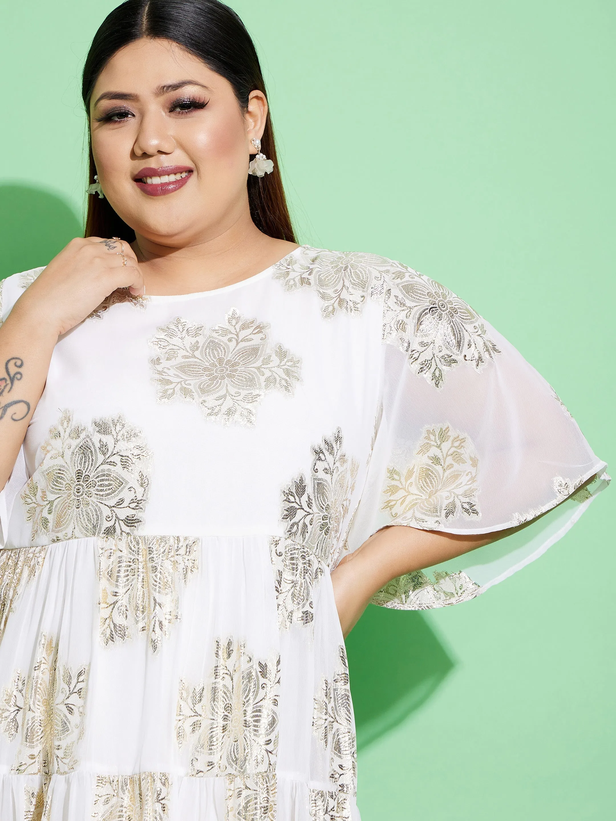 Women White Jacquard Tiered Dress