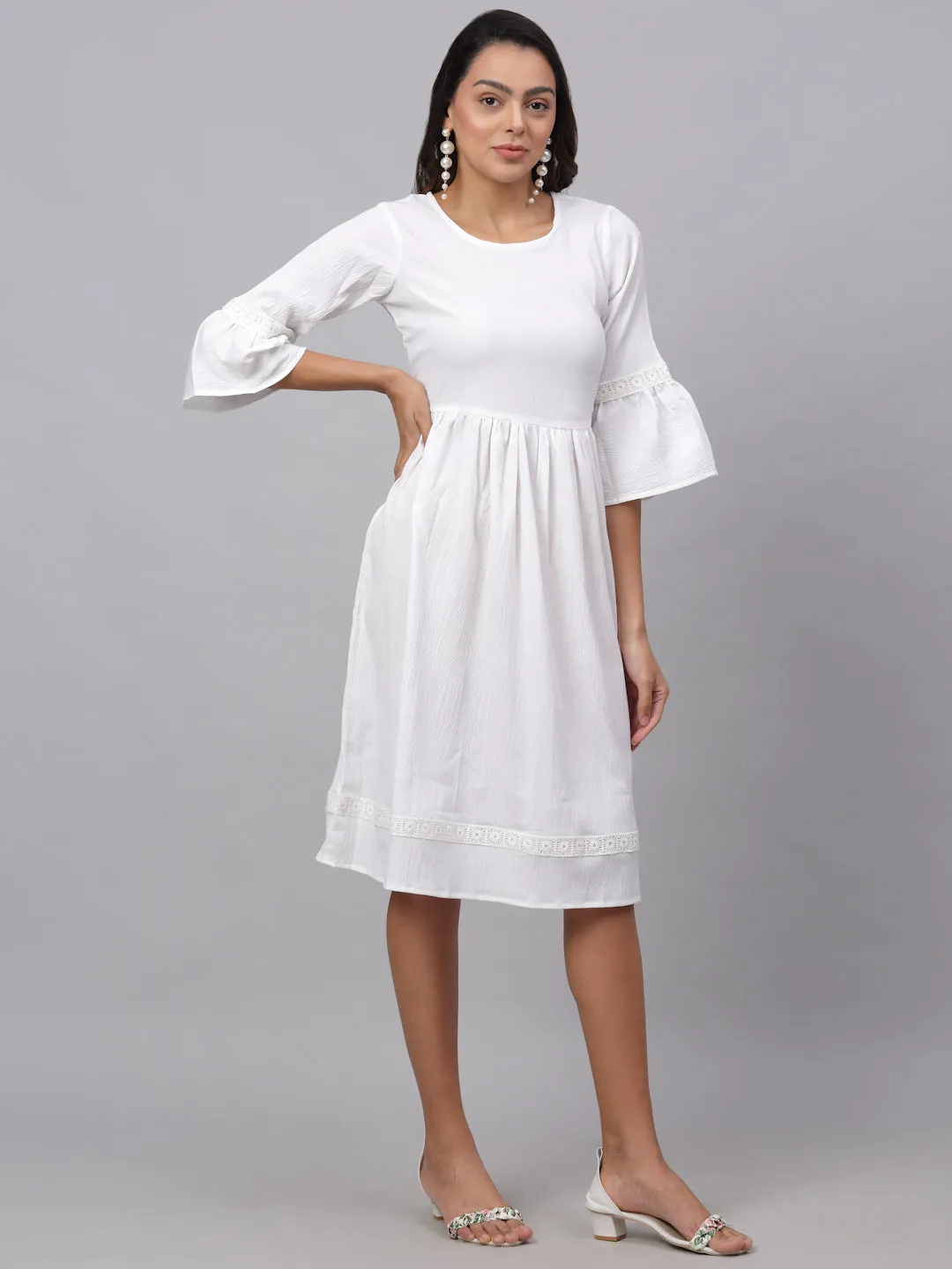 Women White Solid Fit & Flare Dress