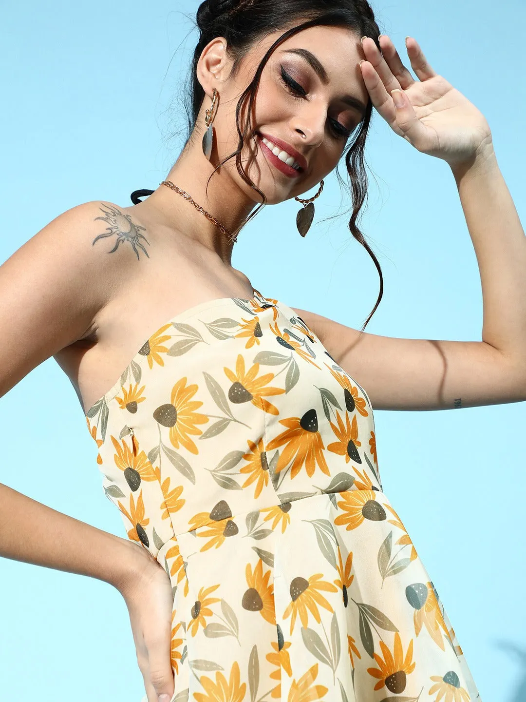 Women Yellow Floral Organza One Shoulder Dress
