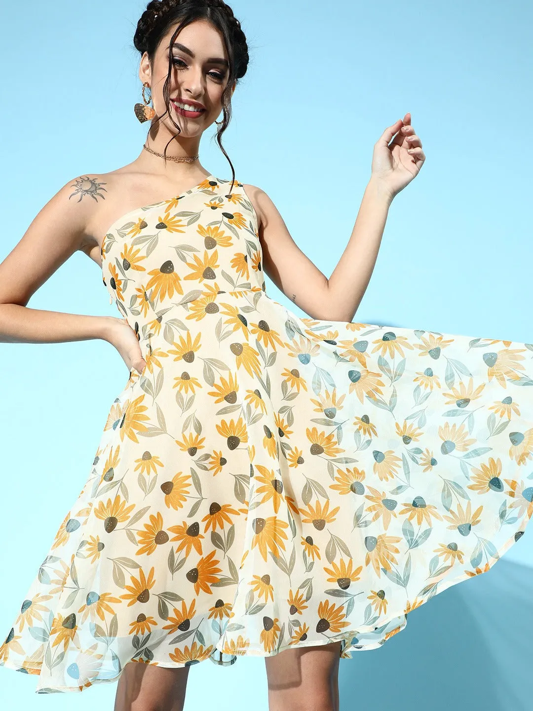 Women Yellow Floral Organza One Shoulder Dress