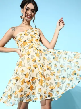 Women Yellow Floral Organza One Shoulder Dress