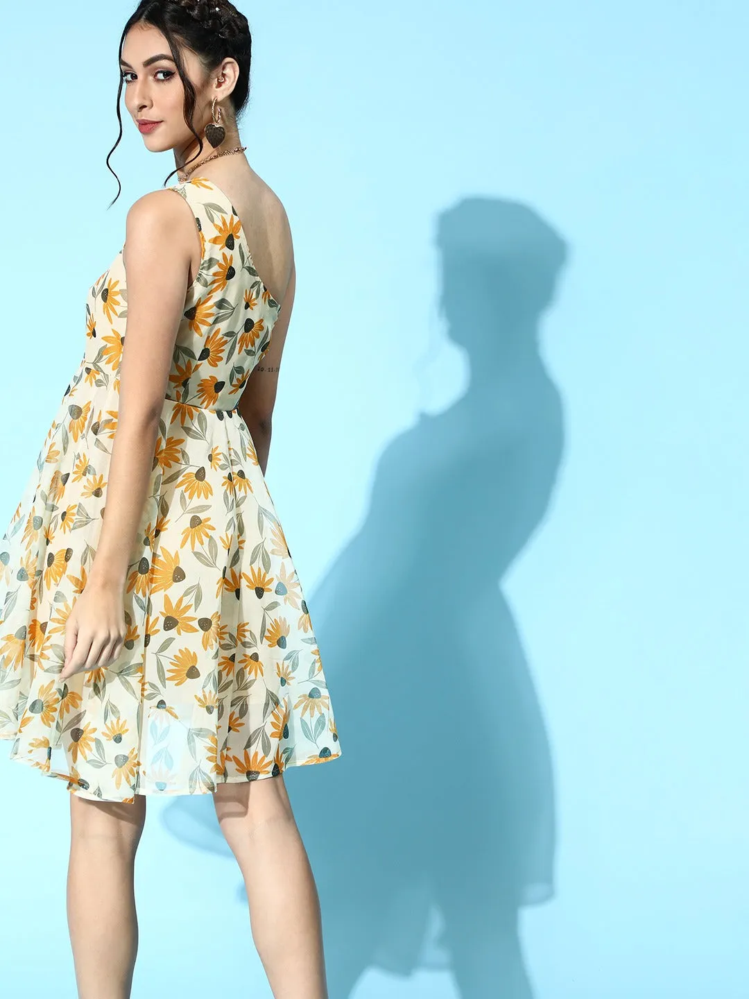Women Yellow Floral Organza One Shoulder Dress