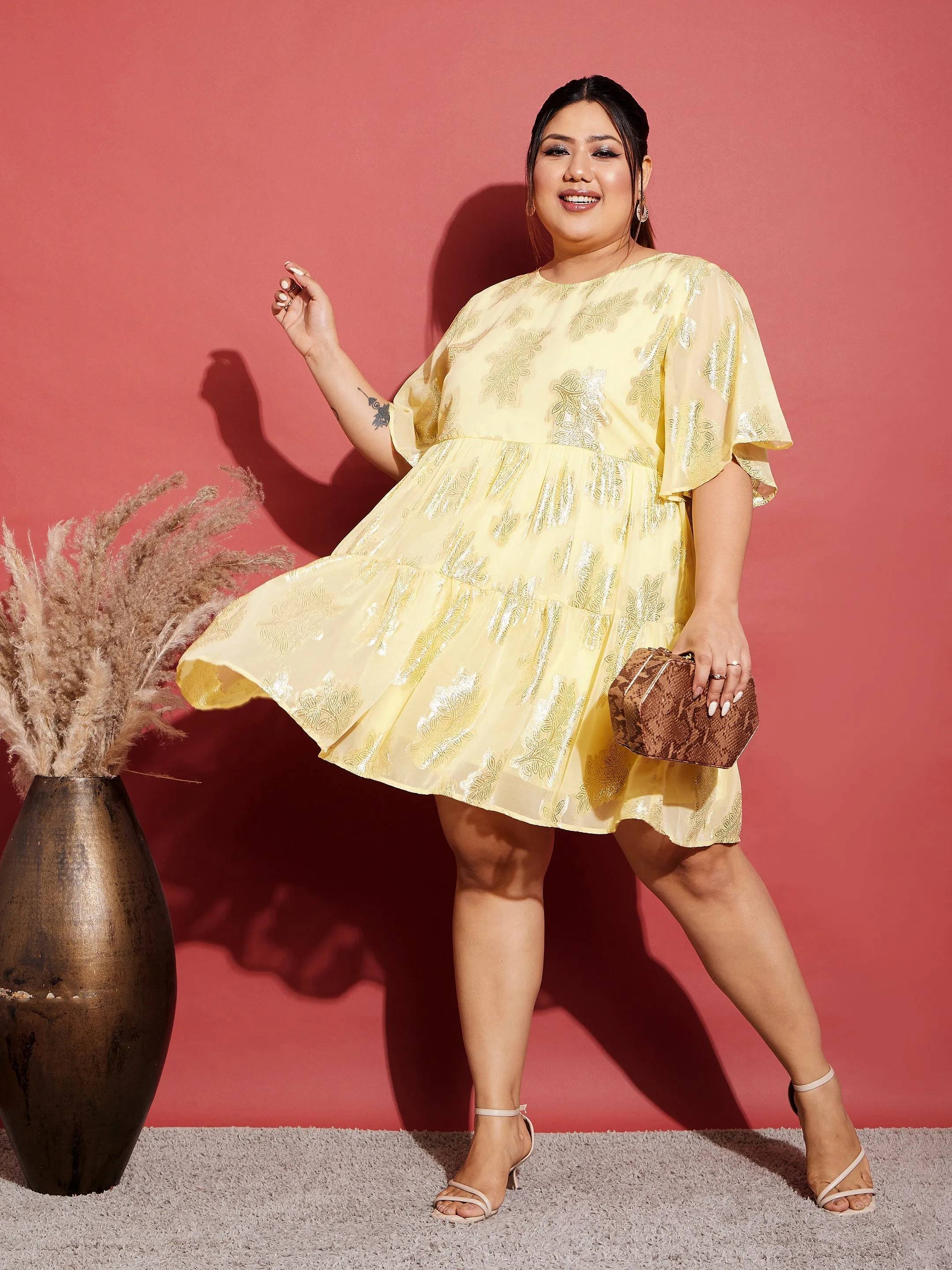 Women Yellow Jacquard Tiered Dress