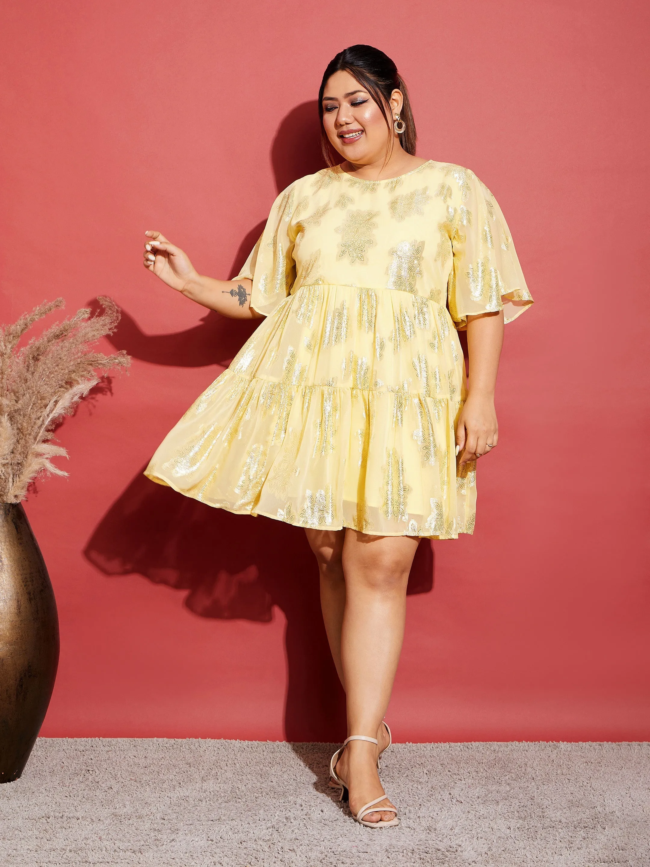 Women Yellow Jacquard Tiered Dress