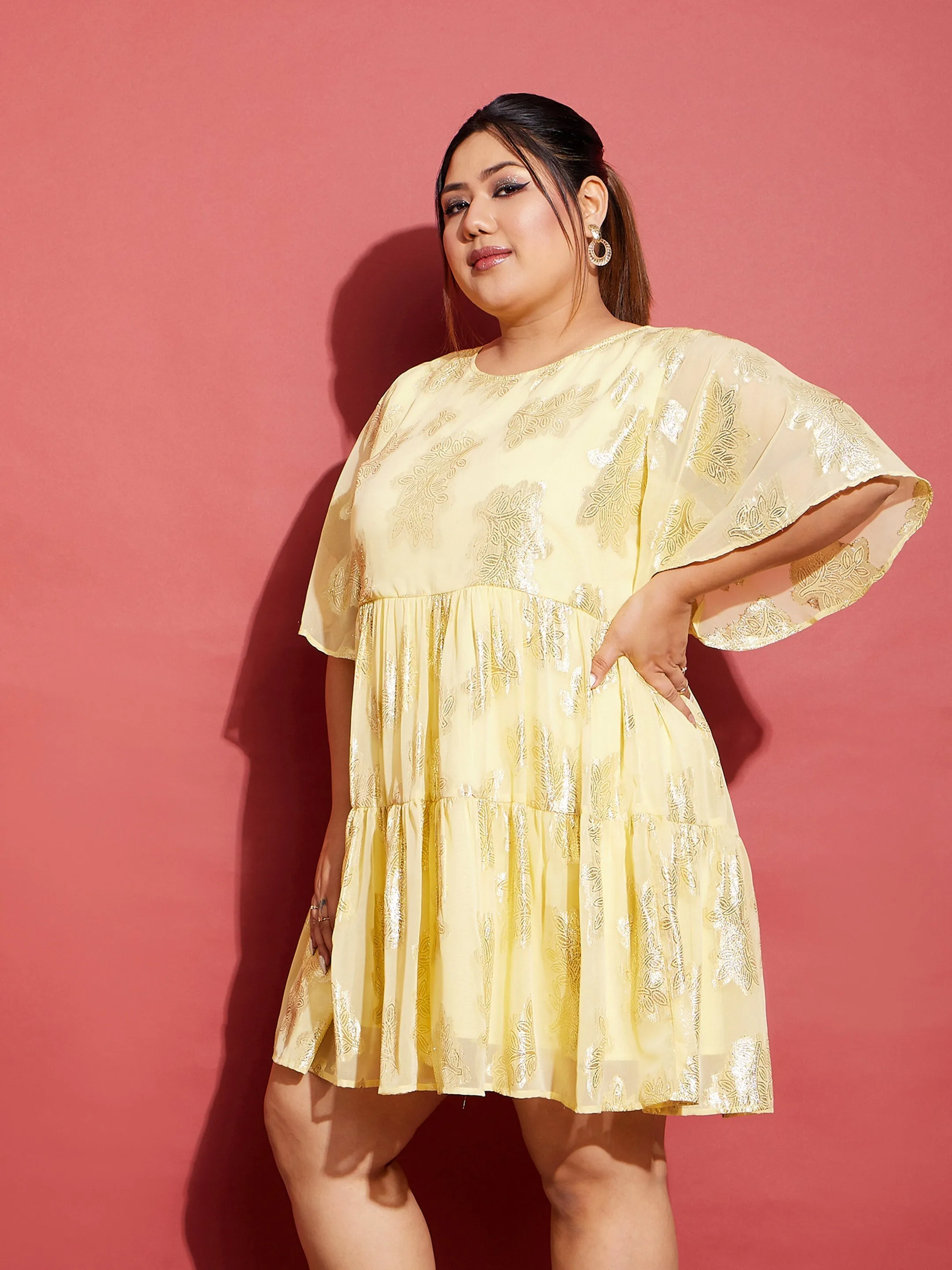 Women Yellow Jacquard Tiered Dress