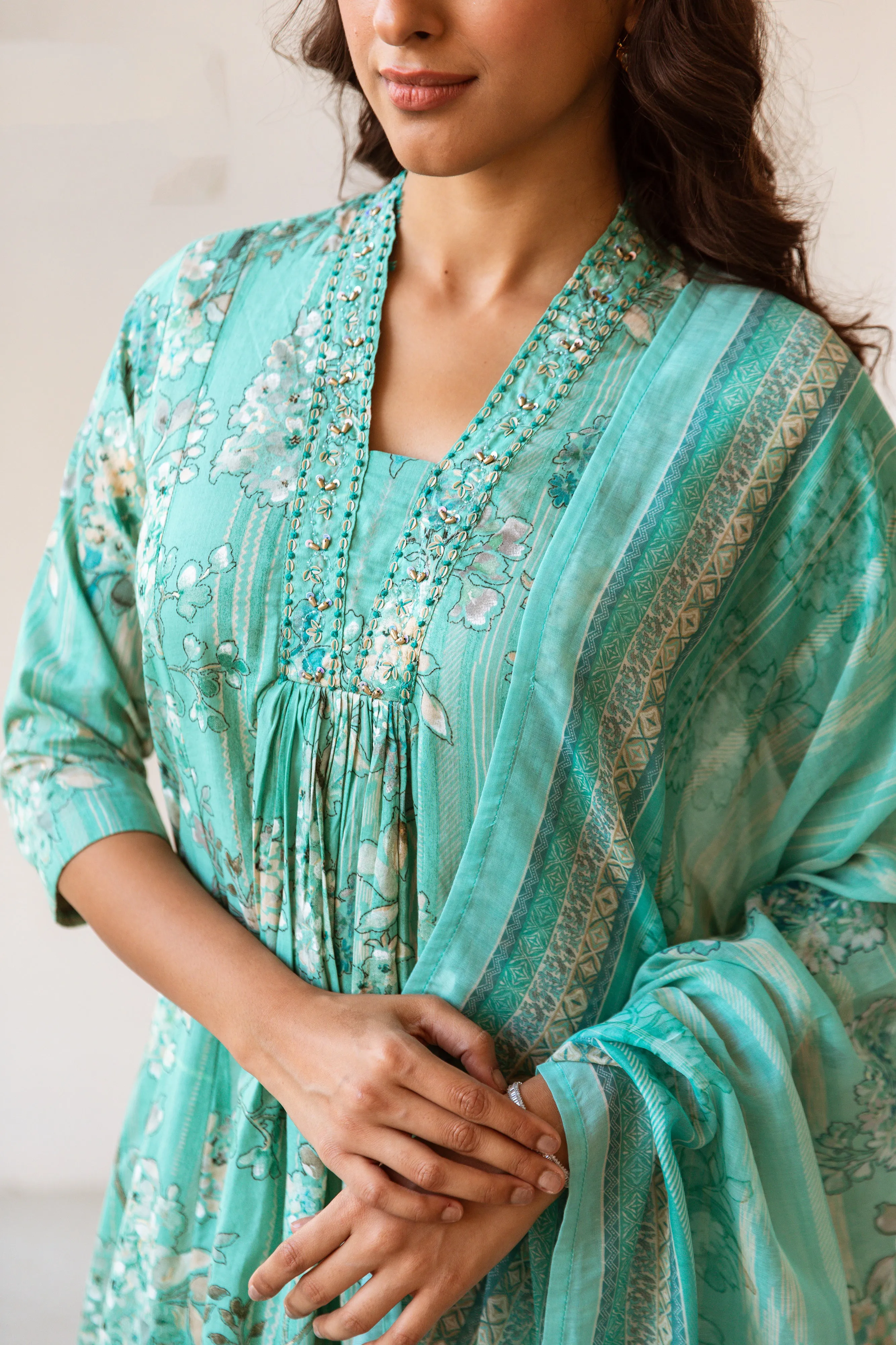 Women's Green Cotton Kurta Pantand Dupatta Set