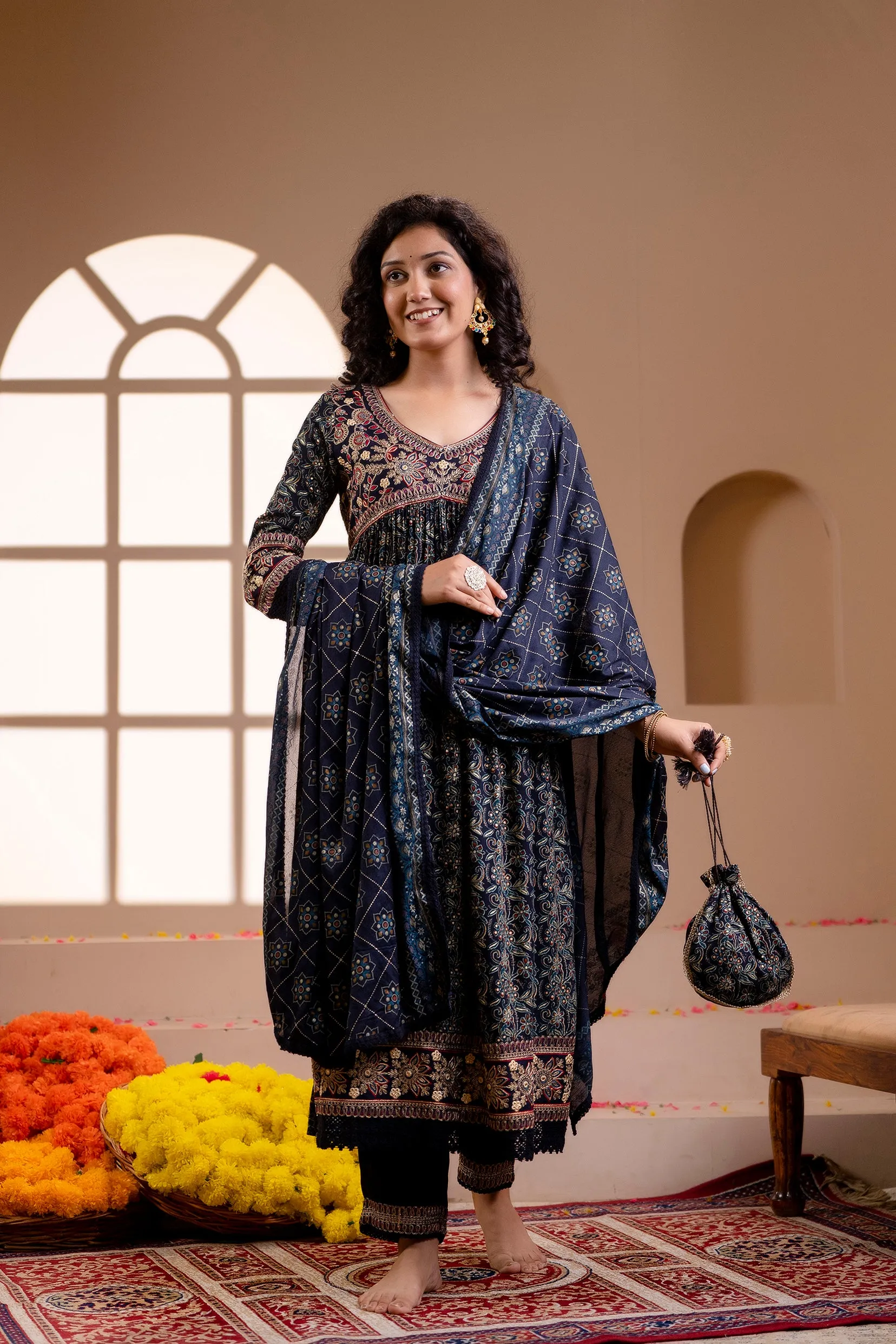 Women's Rayon Navy Blue Alia Cut A-line Ethnic Set