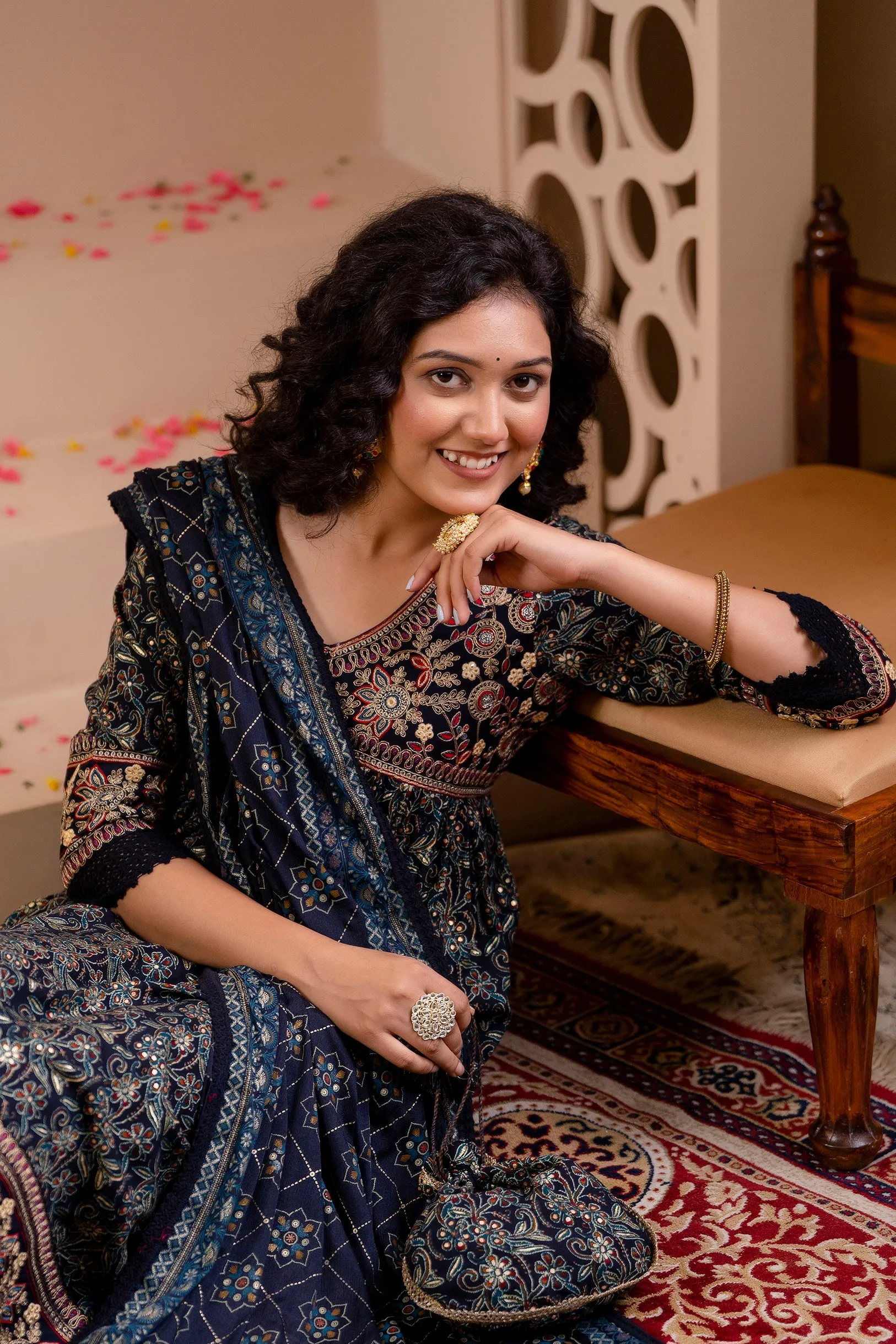 Women's Rayon Navy Blue Alia Cut A-line Ethnic Set