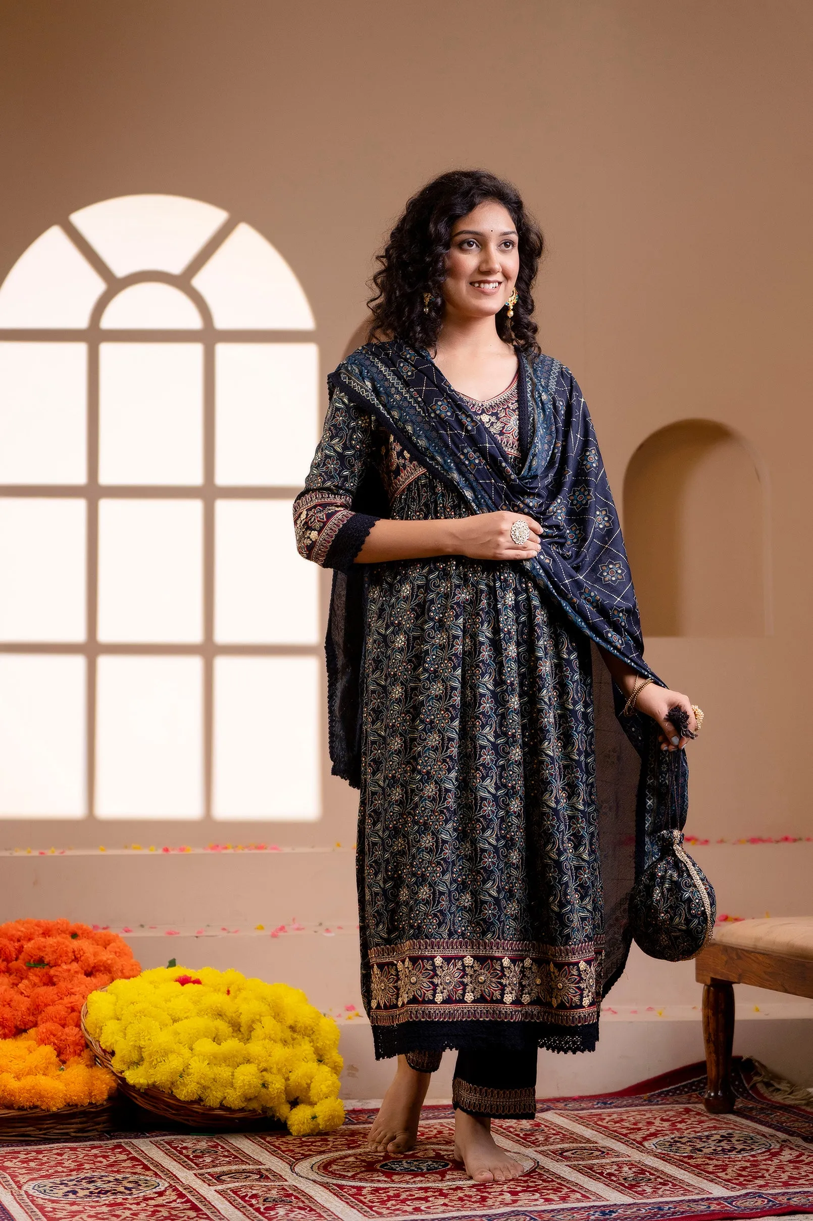 Women's Rayon Navy Blue Alia Cut A-line Ethnic Set
