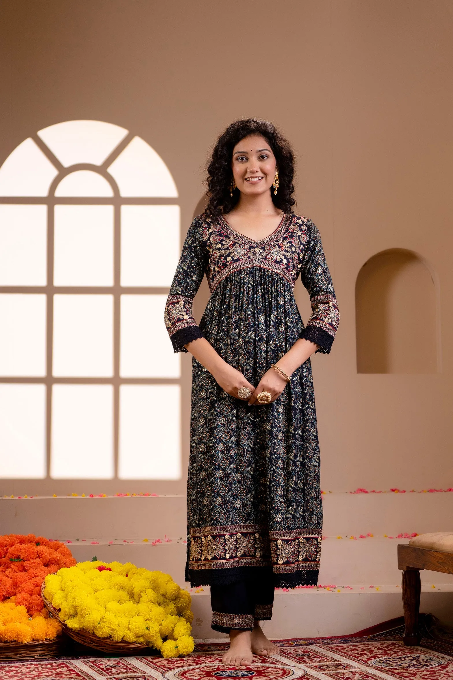Women's Rayon Navy Blue Alia Cut A-line Ethnic Set