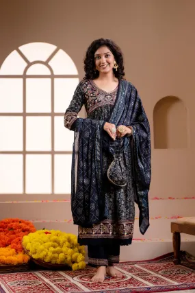 Women's Rayon Navy Blue Alia Cut A-line Ethnic Set