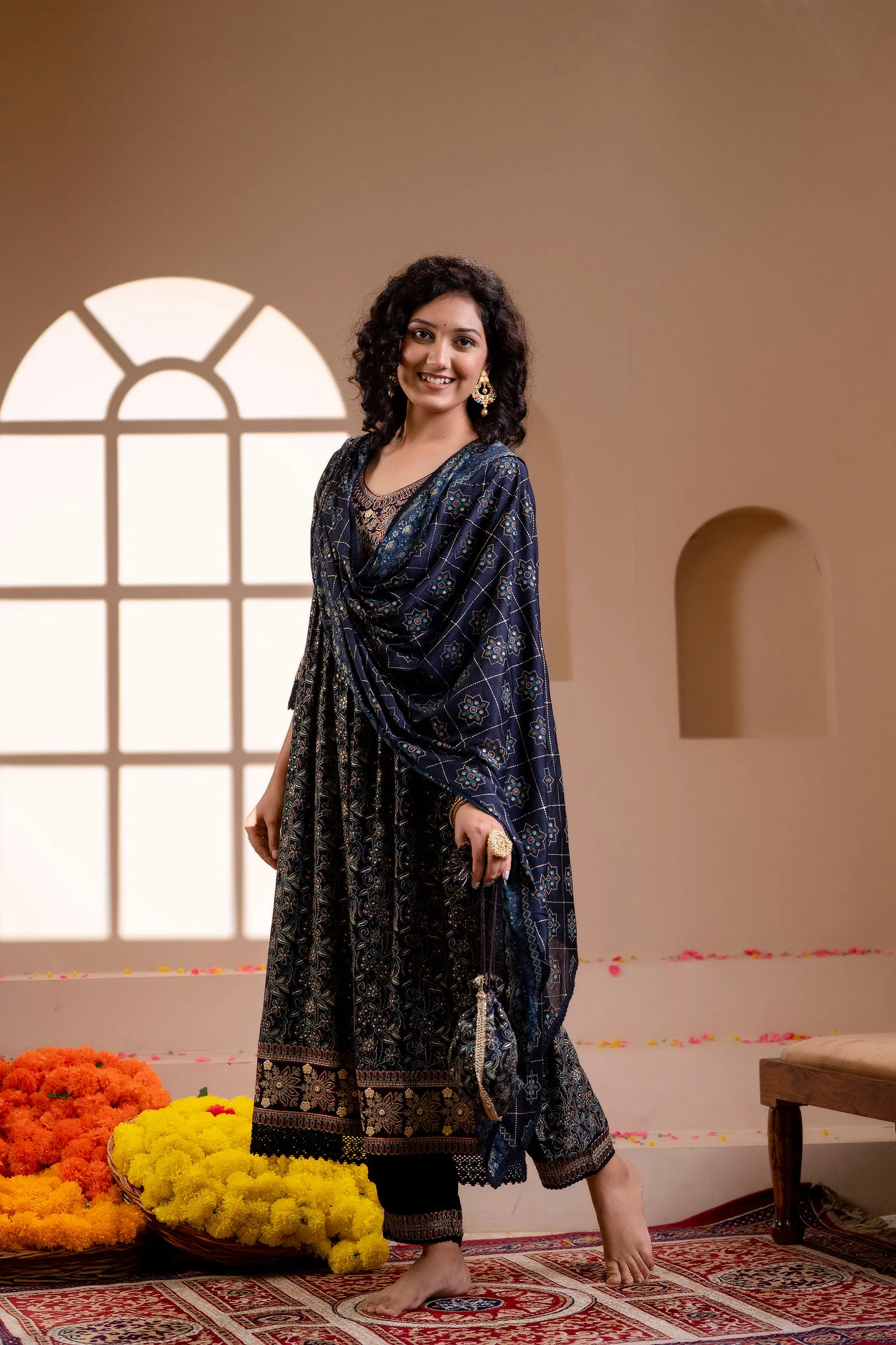 Women's Rayon Navy Blue Alia Cut A-line Ethnic Set