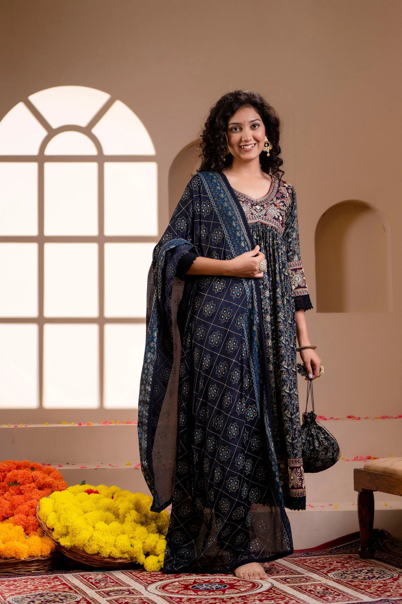 Women's Rayon Navy Blue Alia Cut A-line Ethnic Set