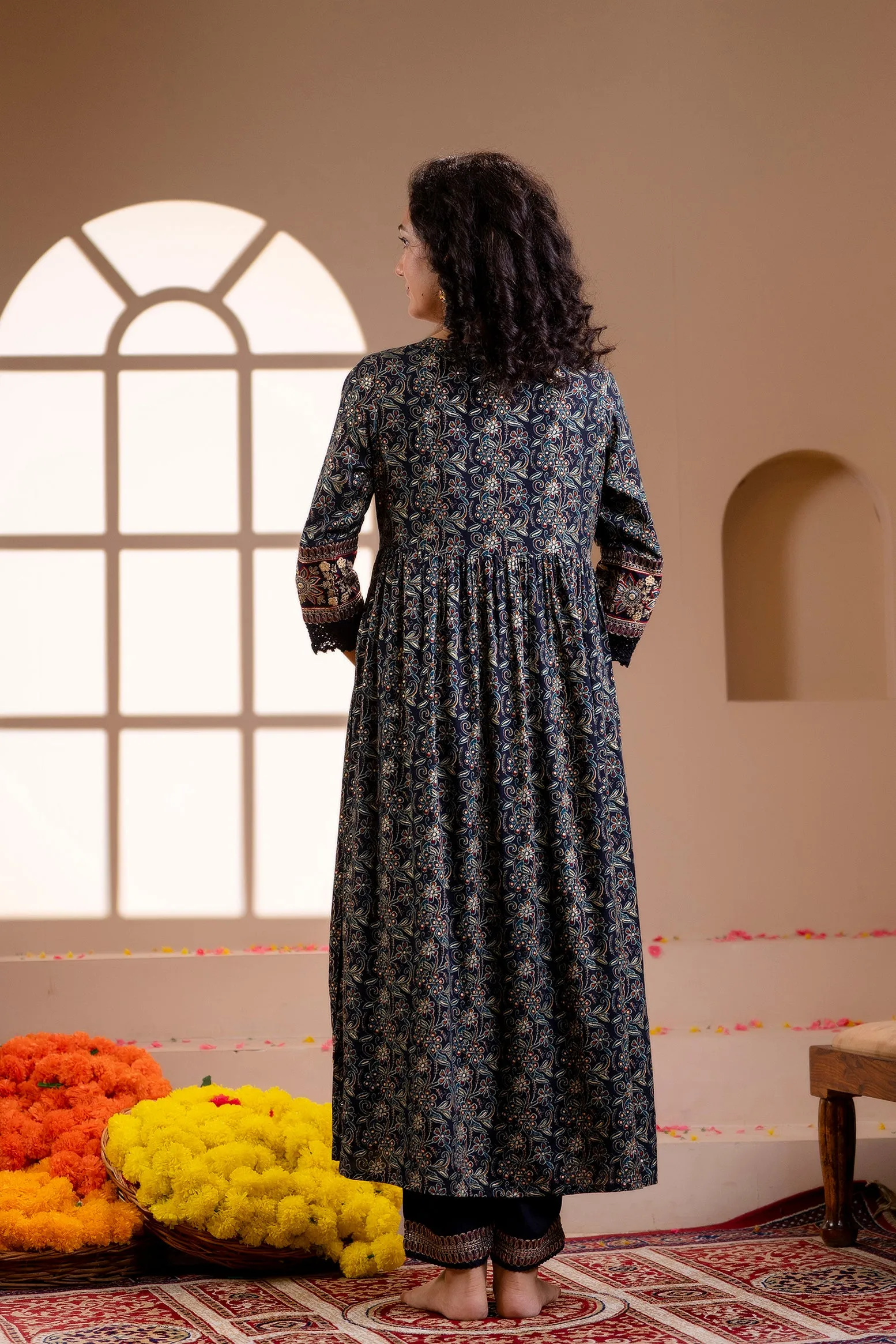 Women's Rayon Navy Blue Alia Cut A-line Ethnic Set
