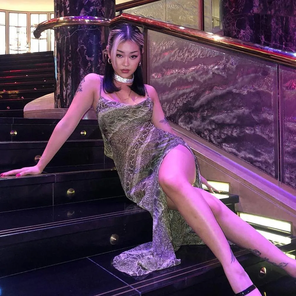 Women's Snake Print Chiffon Long Slip Maxi Dress