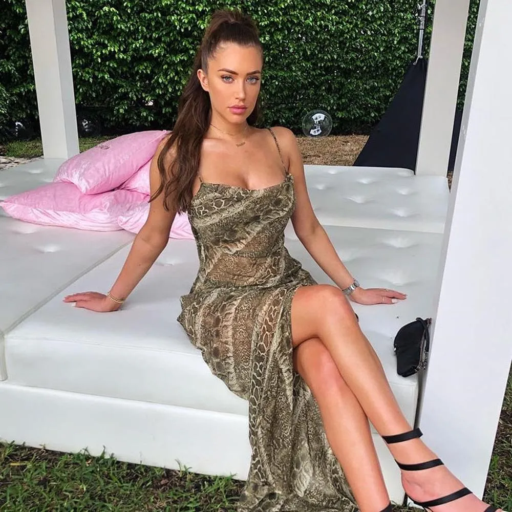Women's Snake Print Chiffon Long Slip Maxi Dress