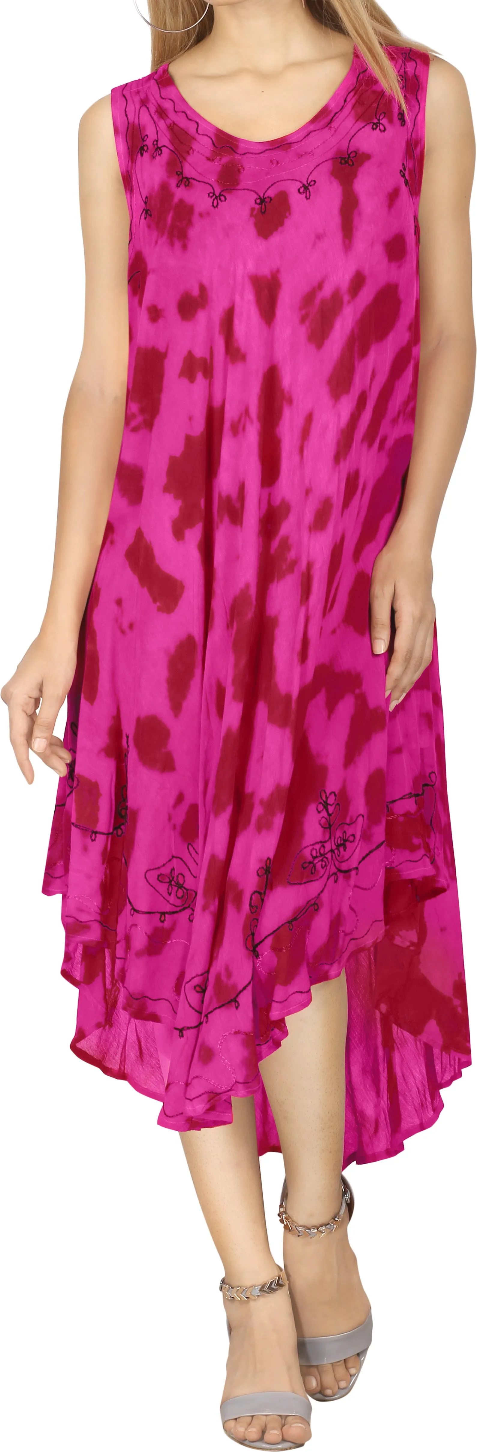 Women's Tie Dye Casual Rayon Embroidered Sleeveless Loose Maxi Beach Dress Pink