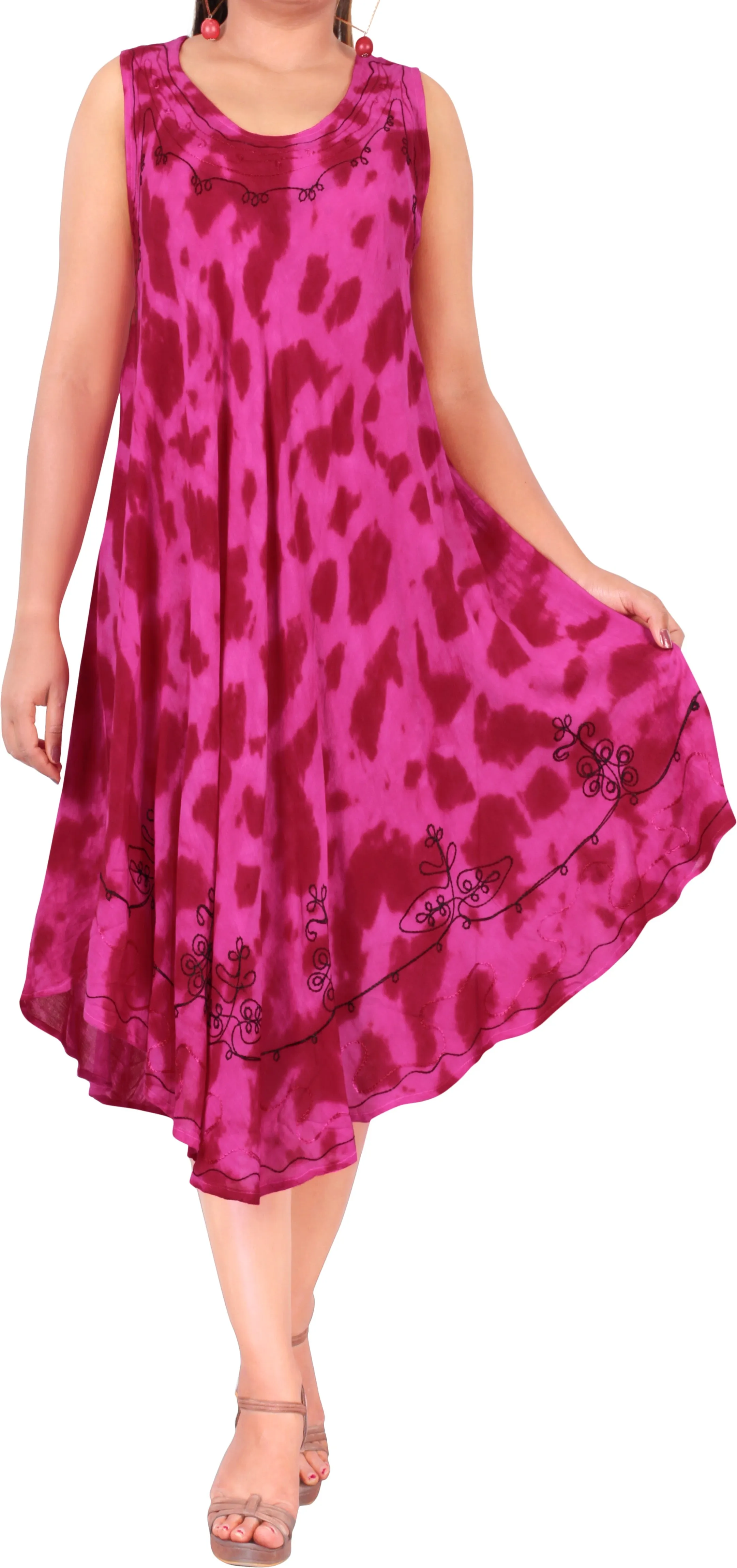 Women's Tie Dye Casual Rayon Embroidered Sleeveless Loose Maxi Beach Dress Pink