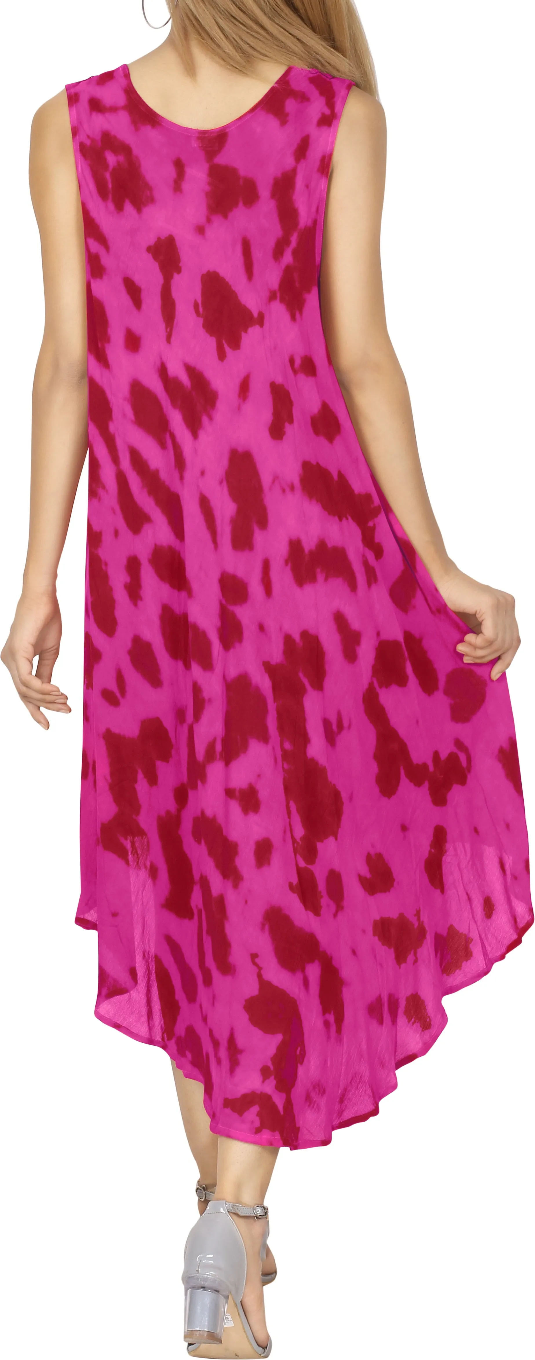 Women's Tie Dye Casual Rayon Embroidered Sleeveless Loose Maxi Beach Dress Pink
