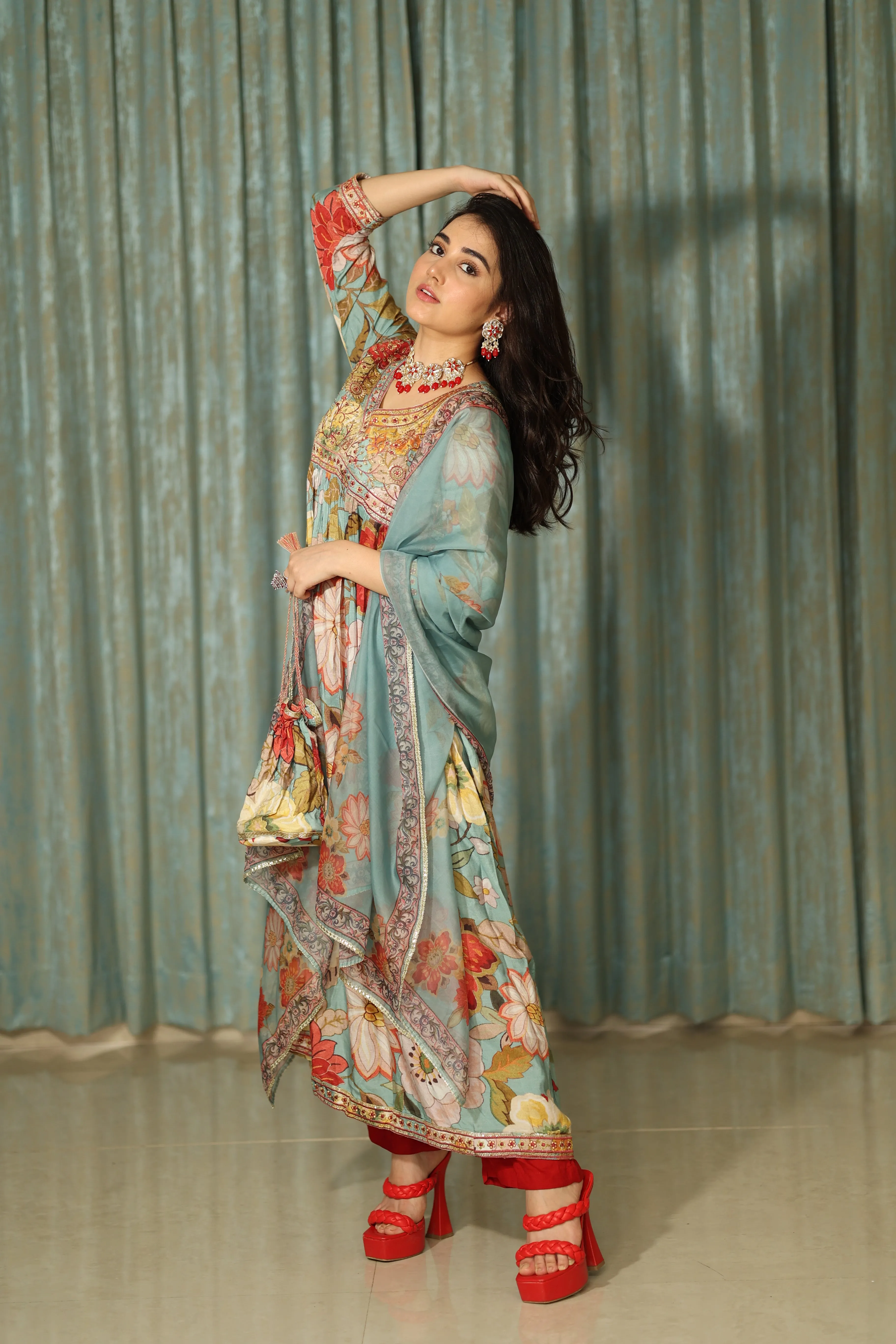 Womens Viscose Muslin Multicolor Alia Cut A-line Kurta Pant and Dupatta With Fancy Potli Set
