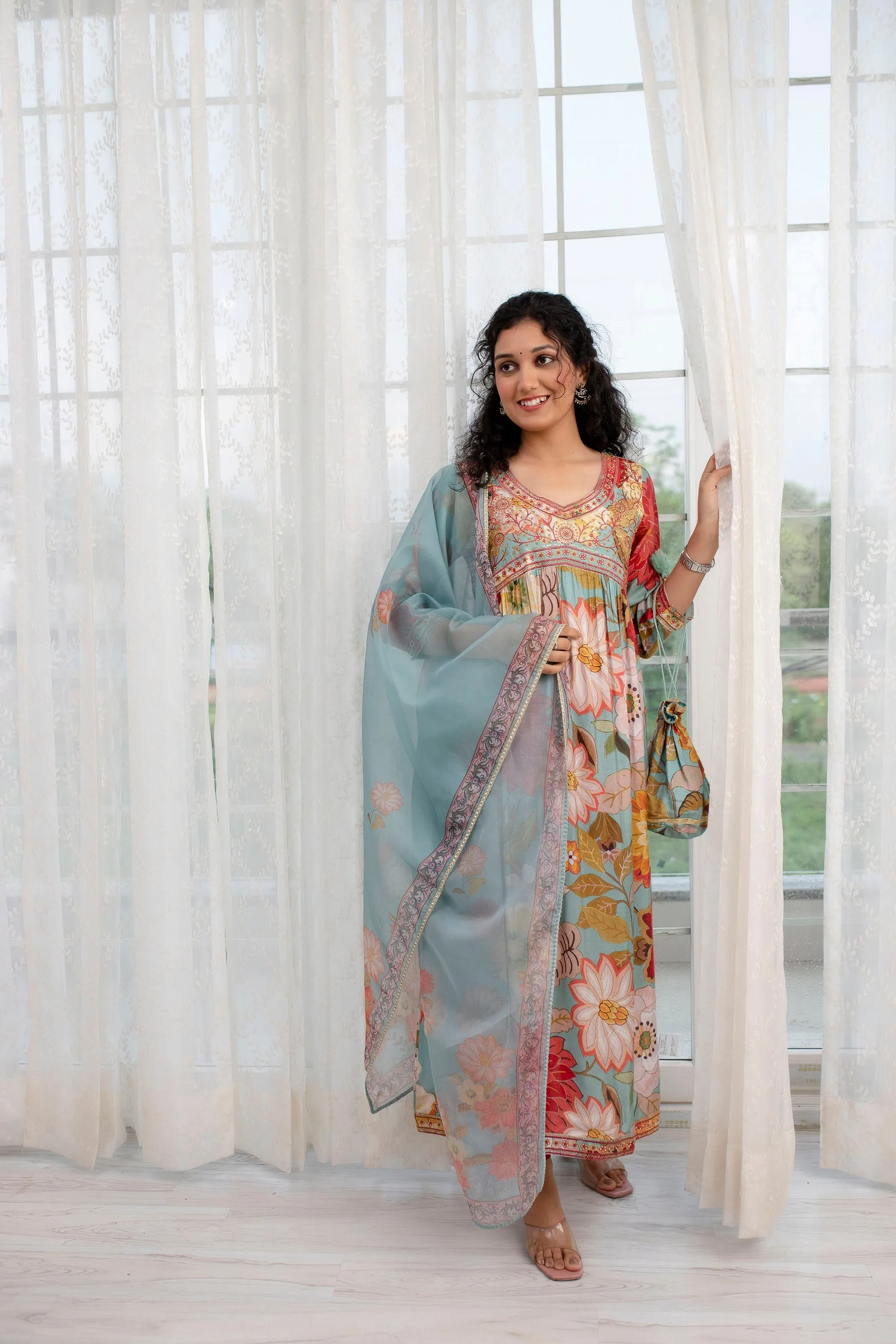 Womens Viscose Muslin Multicolor Alia Cut A-line Kurta Pant and Dupatta With Fancy Potli Set